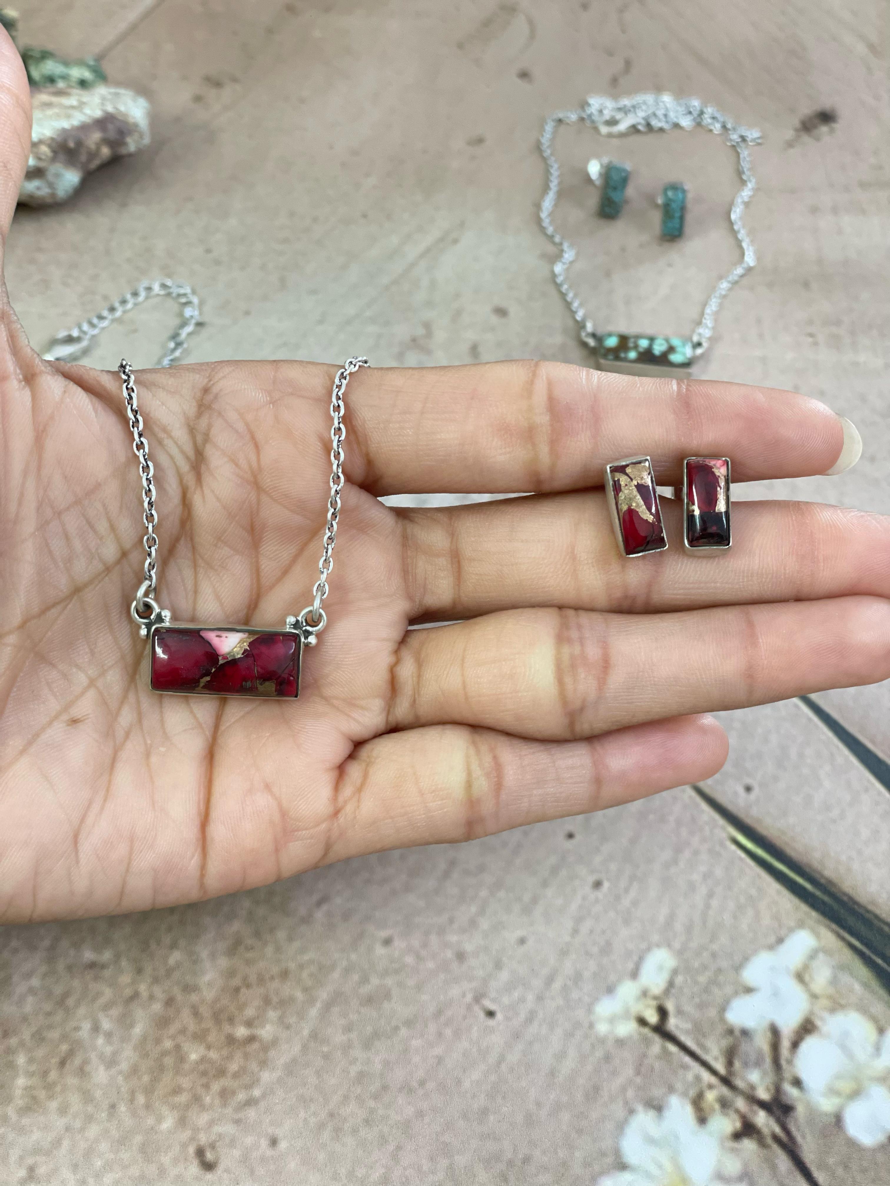 Handmade Sterling Silver Wild Horse, Red Rose Dahlia, No.8 Turquoise Necklace Post Earring Set with Signed Nizhoni