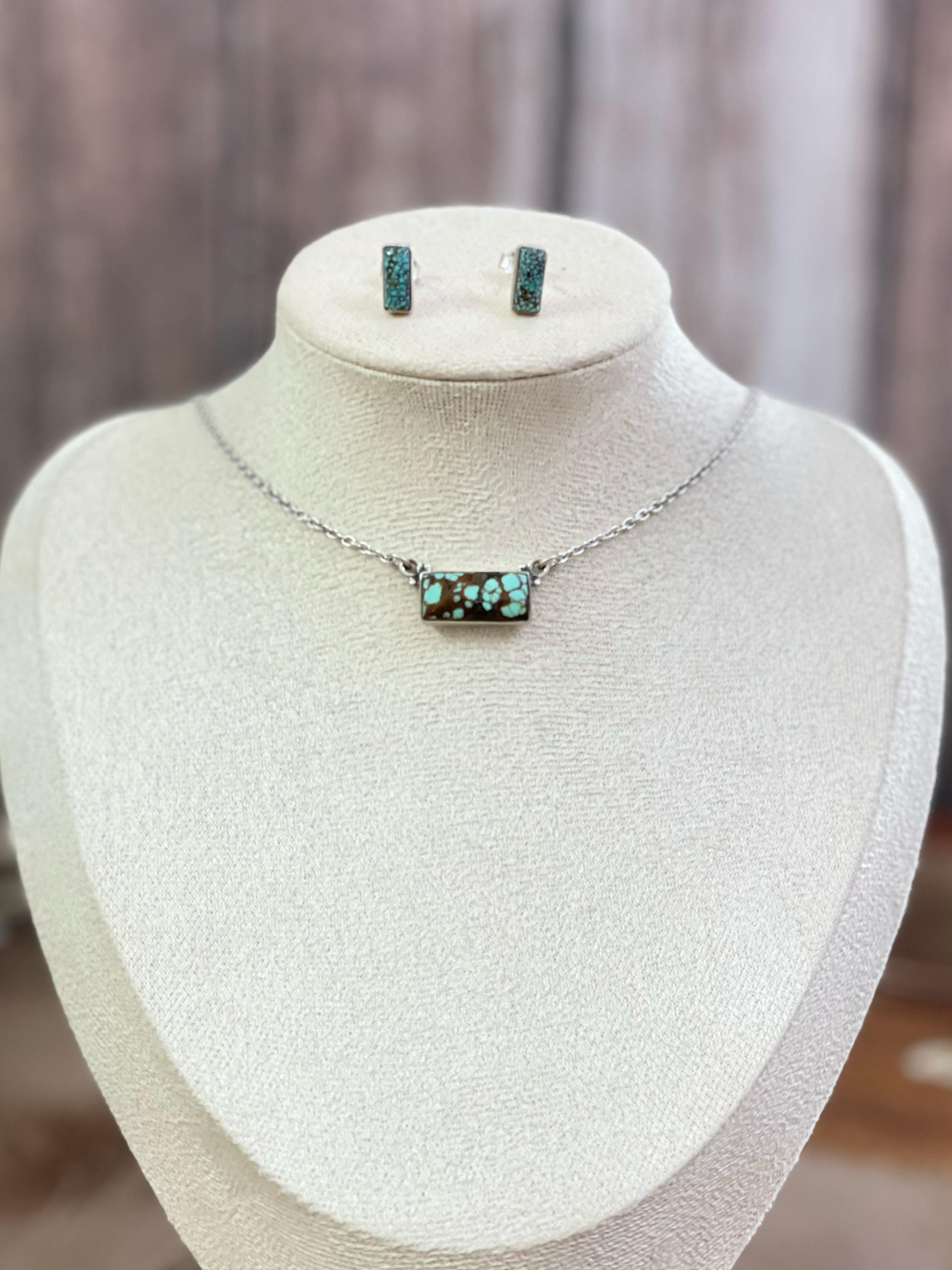 Handmade Sterling Silver Wild Horse, Red Rose Dahlia, No.8 Turquoise Necklace Post Earring Set with Signed Nizhoni