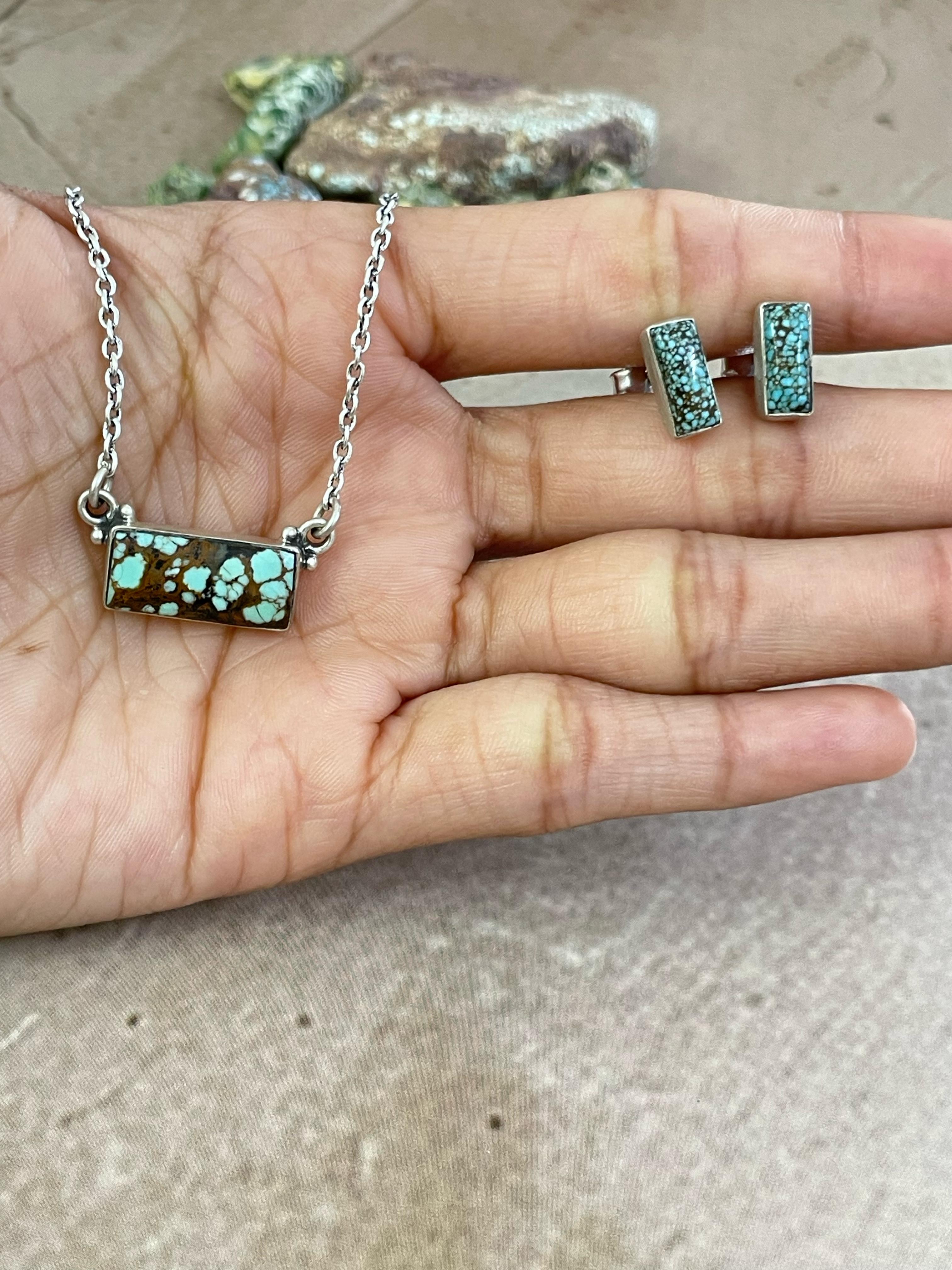 Handmade Sterling Silver Wild Horse, Red Rose Dahlia, No.8 Turquoise Necklace Post Earring Set with Signed Nizhoni