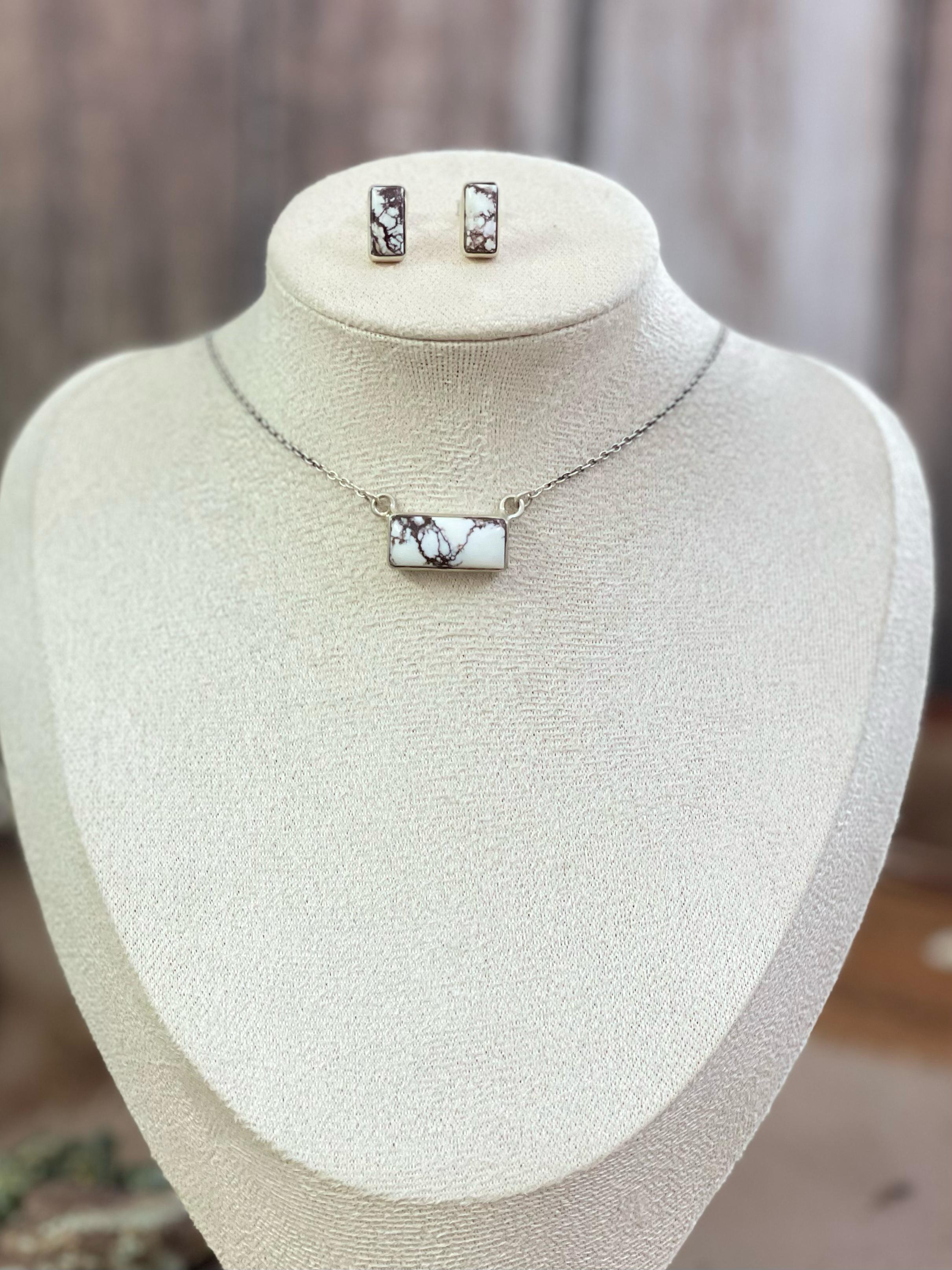 Handmade Sterling Silver Wild Horse, Red Rose Dahlia, No.8 Turquoise Necklace Post Earring Set with Signed Nizhoni