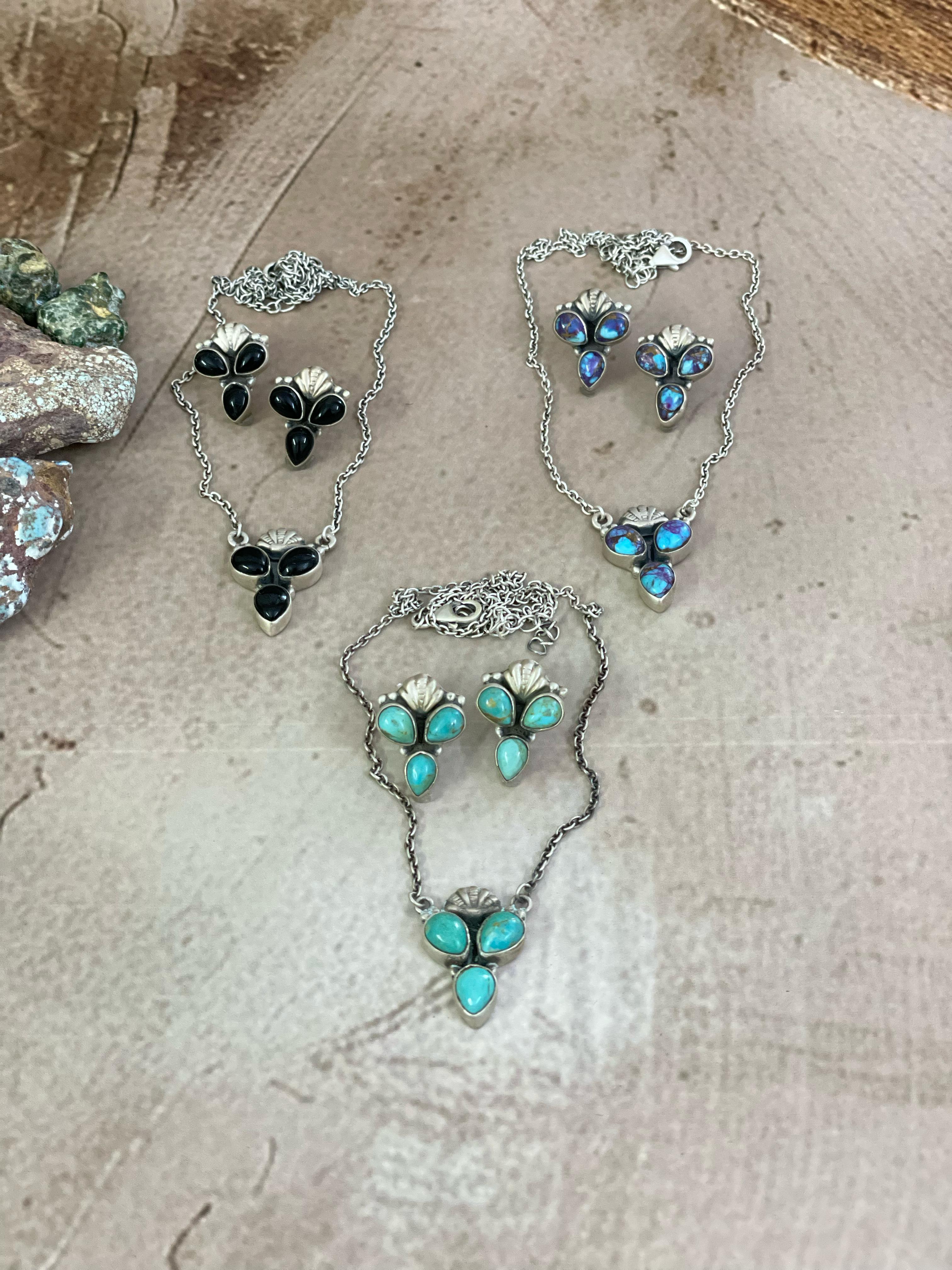 Handmade Sterling Silver Purple Kingman Mojave, Kingman, Black Onyx Necklace Post Earring Set with Signed Nizhoni