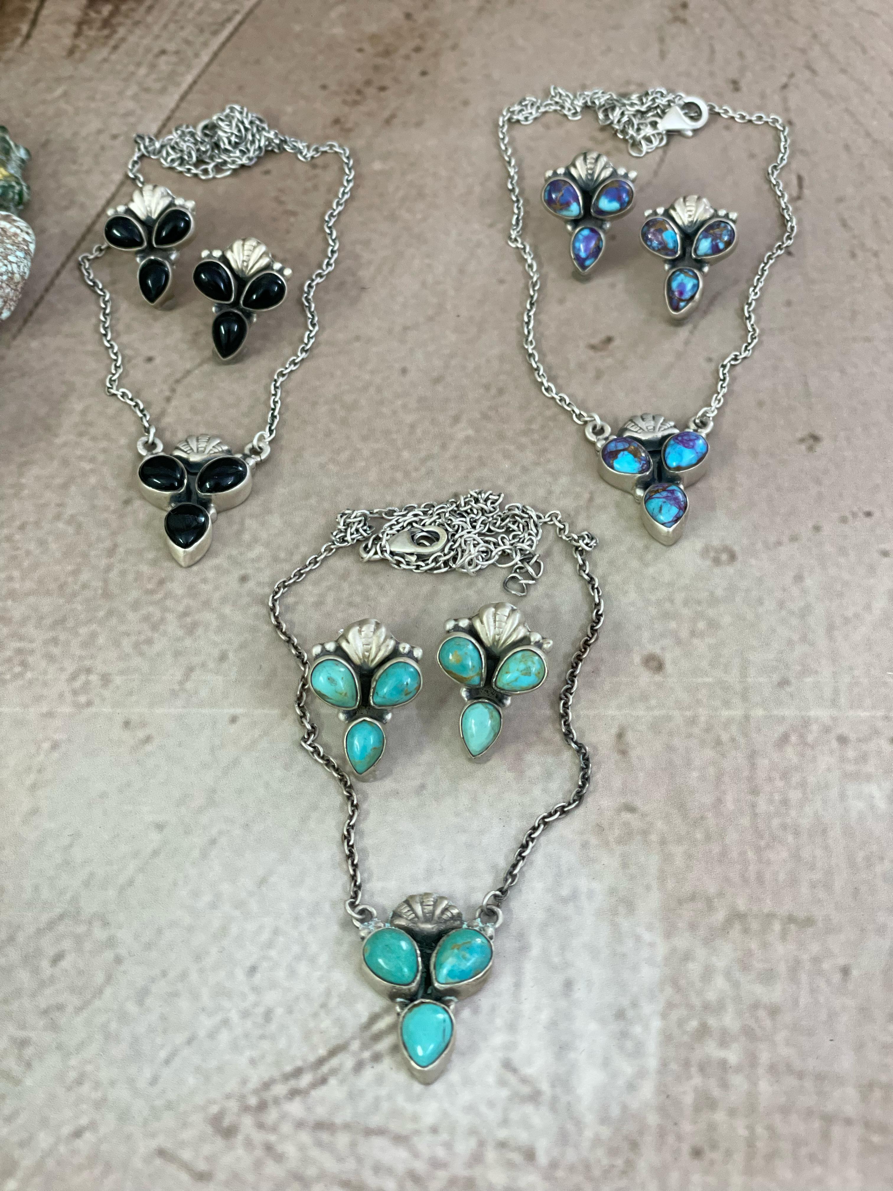 Handmade Sterling Silver Purple Kingman Mojave, Kingman, Black Onyx Necklace Post Earring Set with Signed Nizhoni