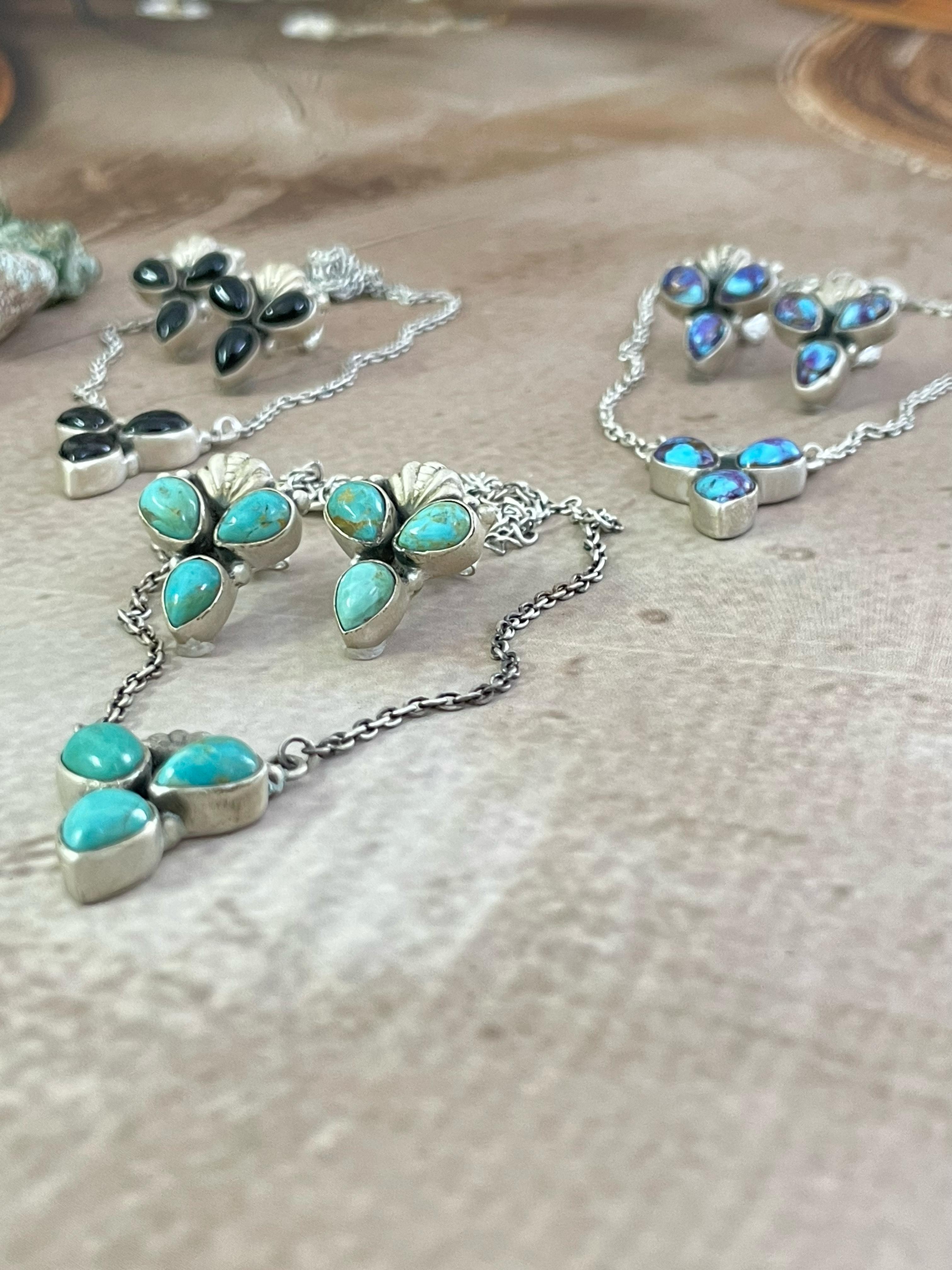 Handmade Sterling Silver Purple Kingman Mojave, Kingman, Black Onyx Necklace Post Earring Set with Signed Nizhoni