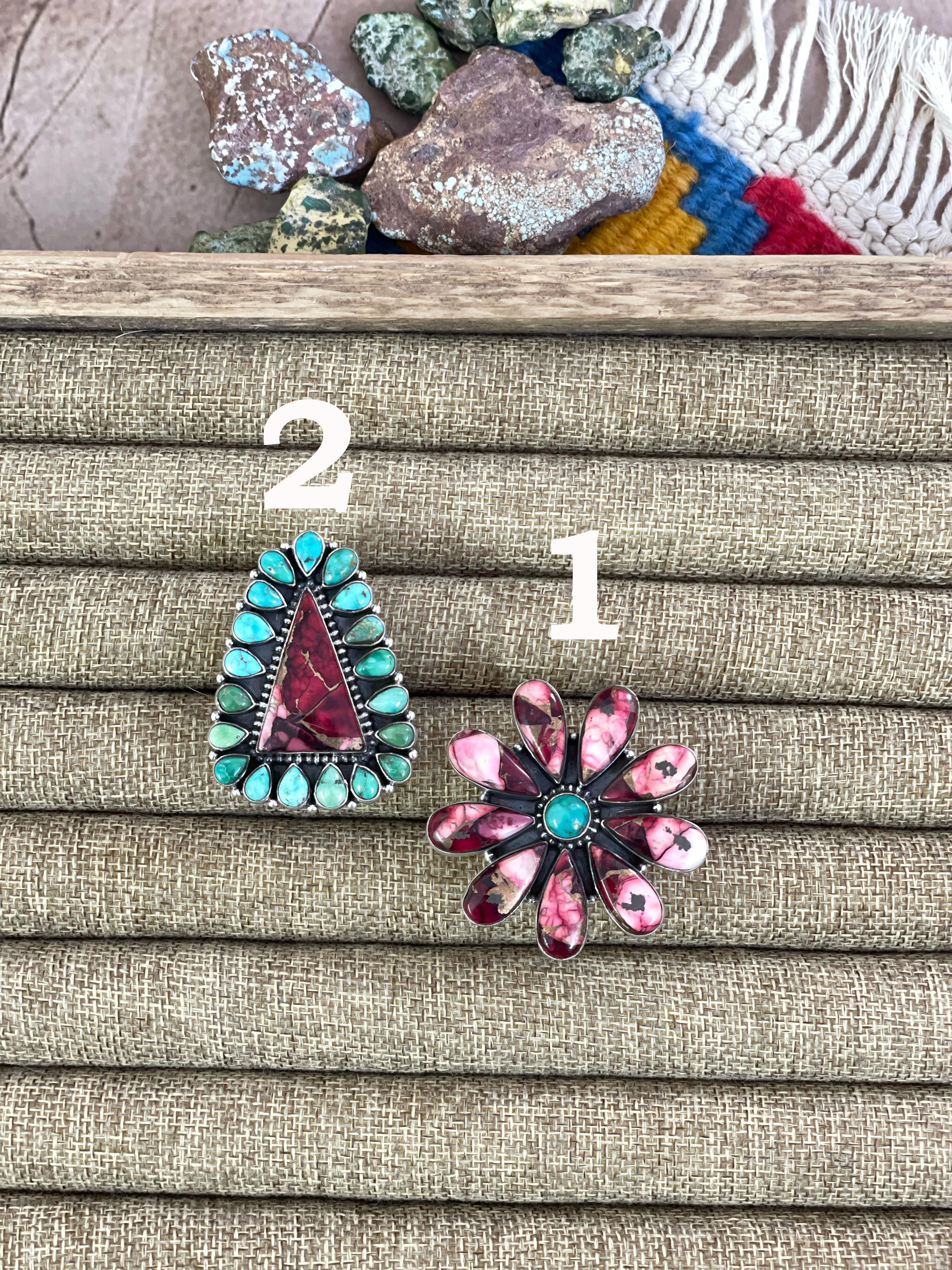 Handmade Silver Sterling Red Rose Dahlia with Emerald Valley Turquoise Adjustable Ring with Signed Nizhoni