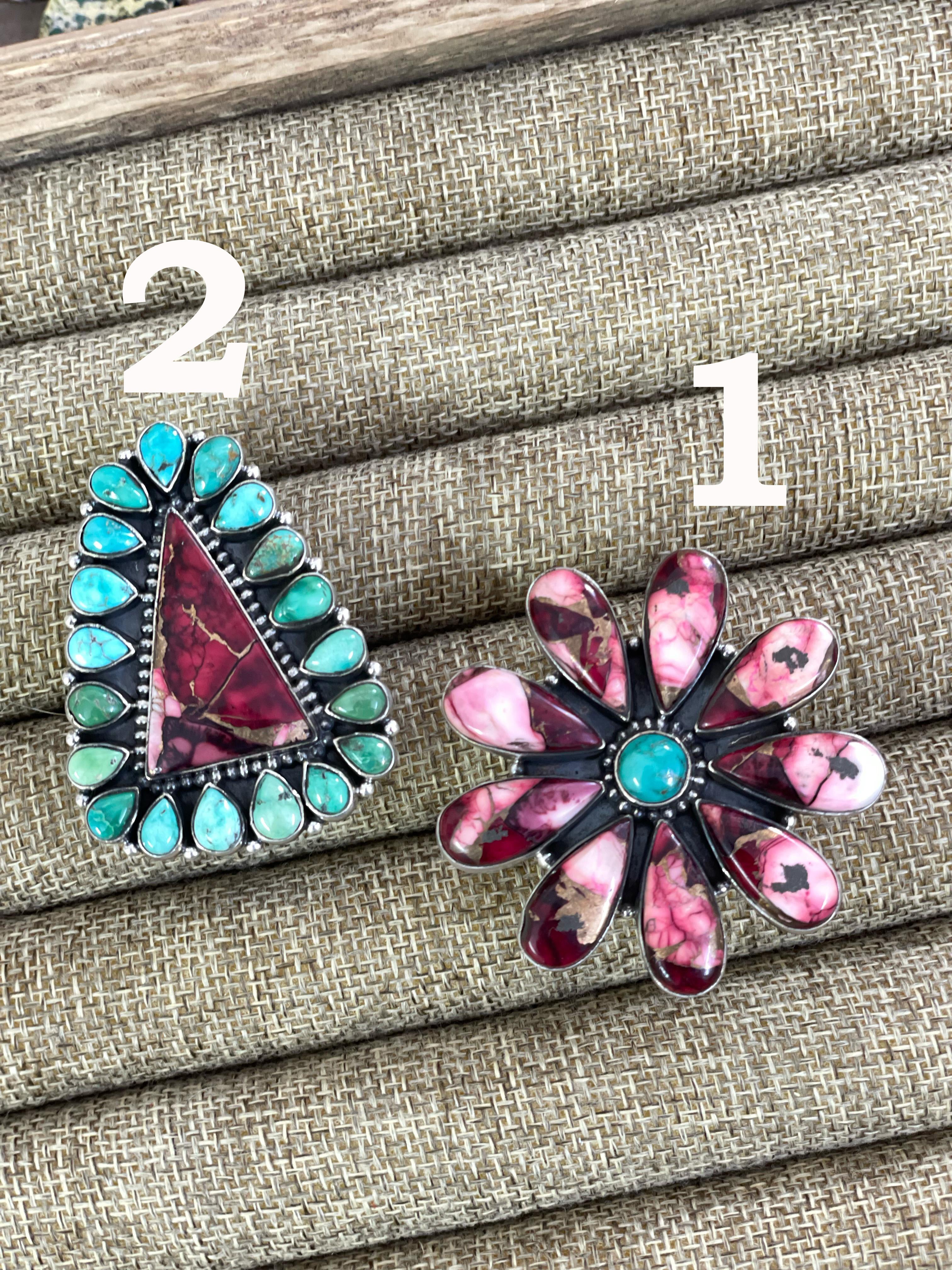 Handmade Silver Sterling Red Rose Dahlia with Emerald Valley Turquoise Adjustable Ring with Signed Nizhoni