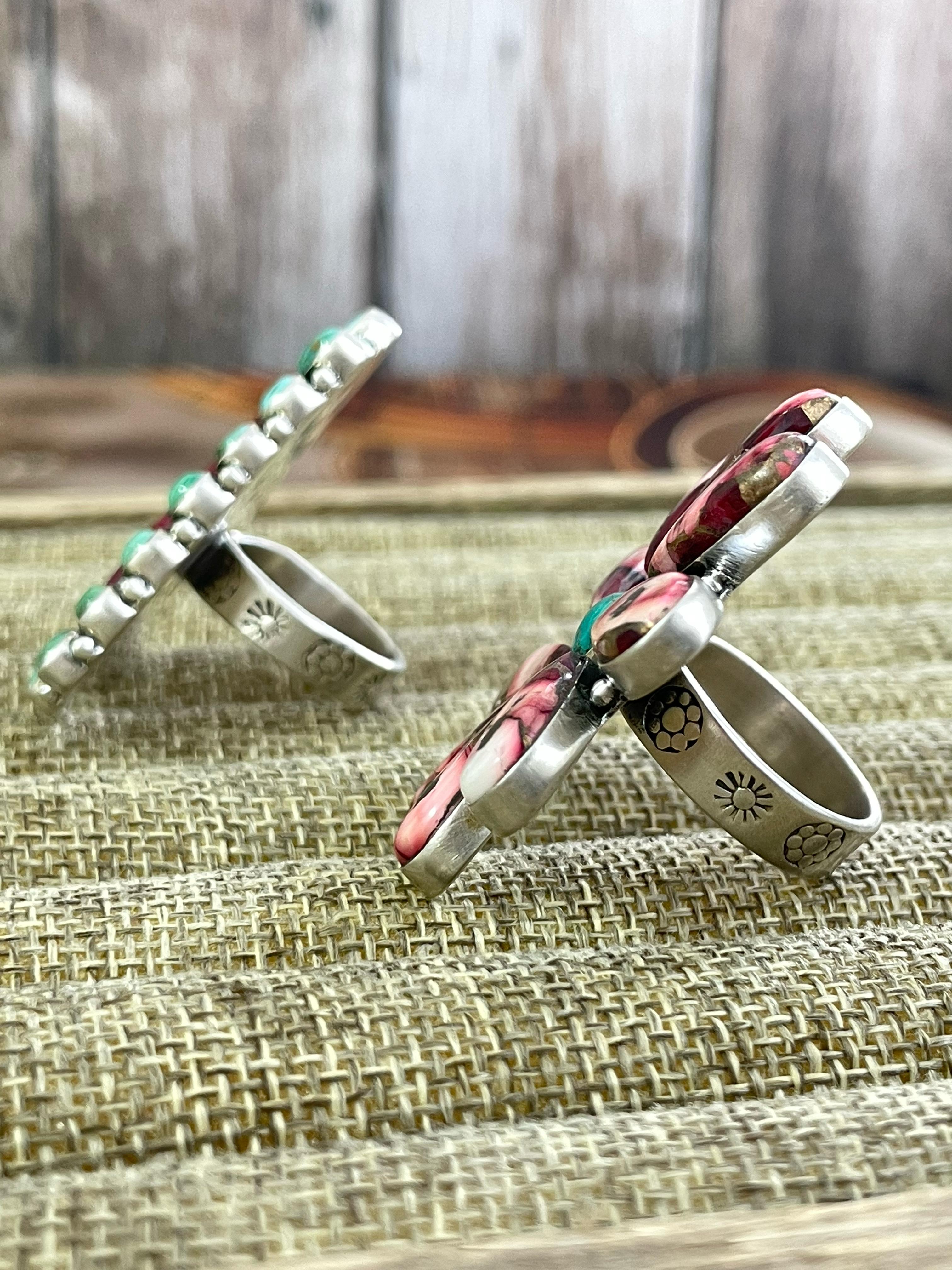 Handmade Silver Sterling Red Rose Dahlia with Emerald Valley Turquoise Adjustable Ring with Signed Nizhoni