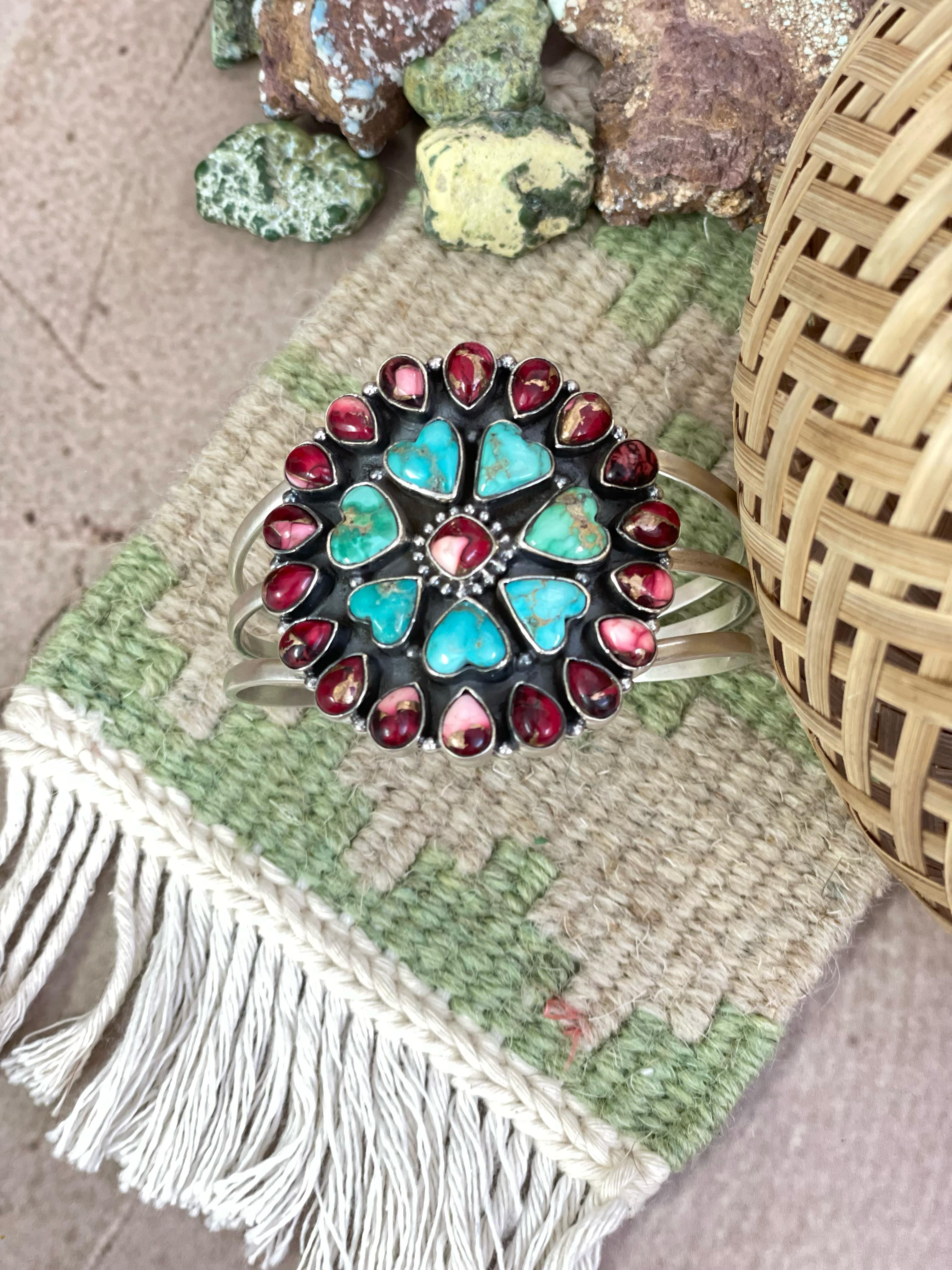 Handmade Sterling Silver Red Rose Dahlia with Emerald Valley Turquoise Cuff Bracelet, Signed Nizhoni