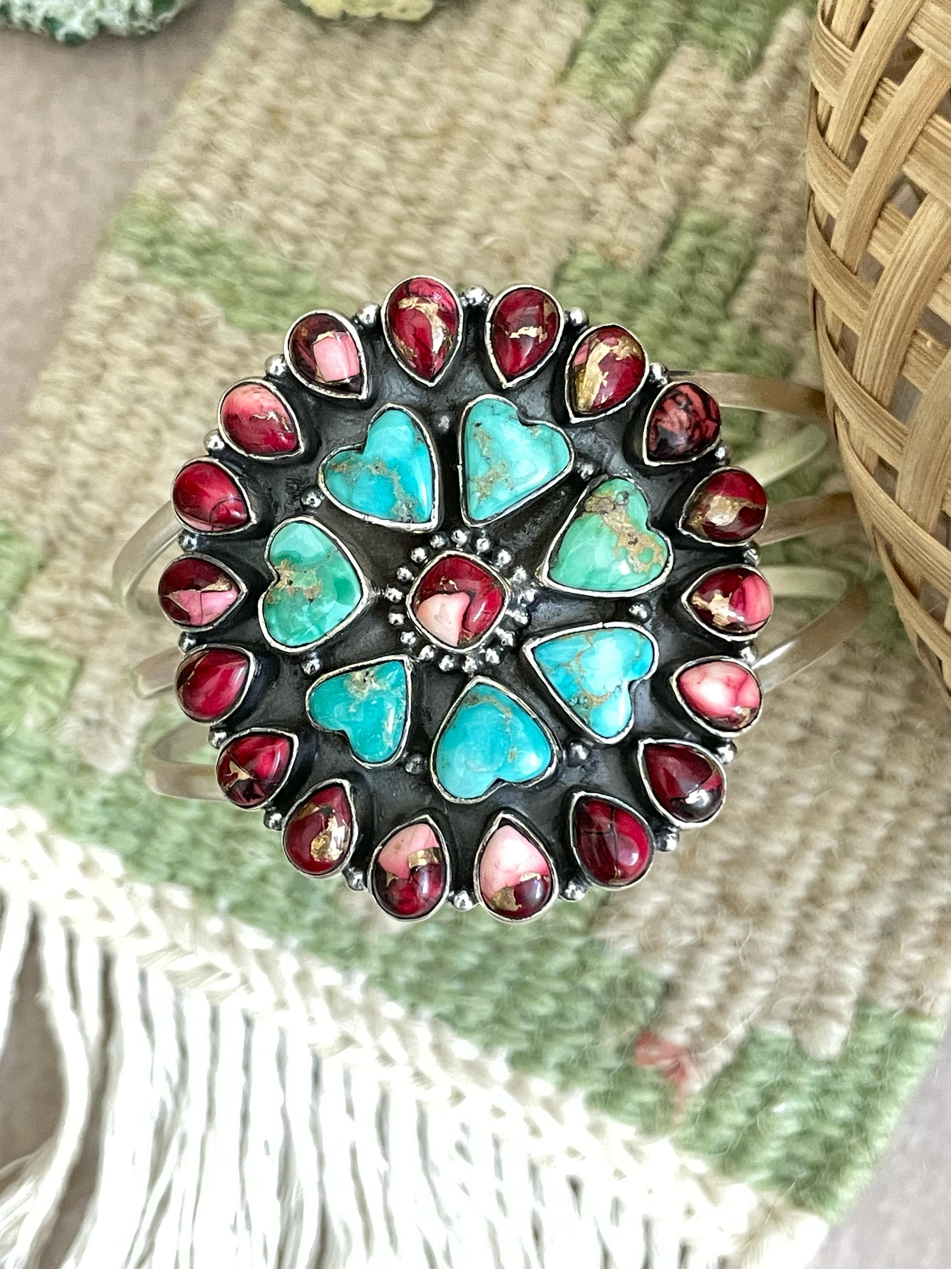 Handmade Sterling Silver Red Rose Dahlia with Emerald Valley Turquoise Cuff Bracelet, Signed Nizhoni