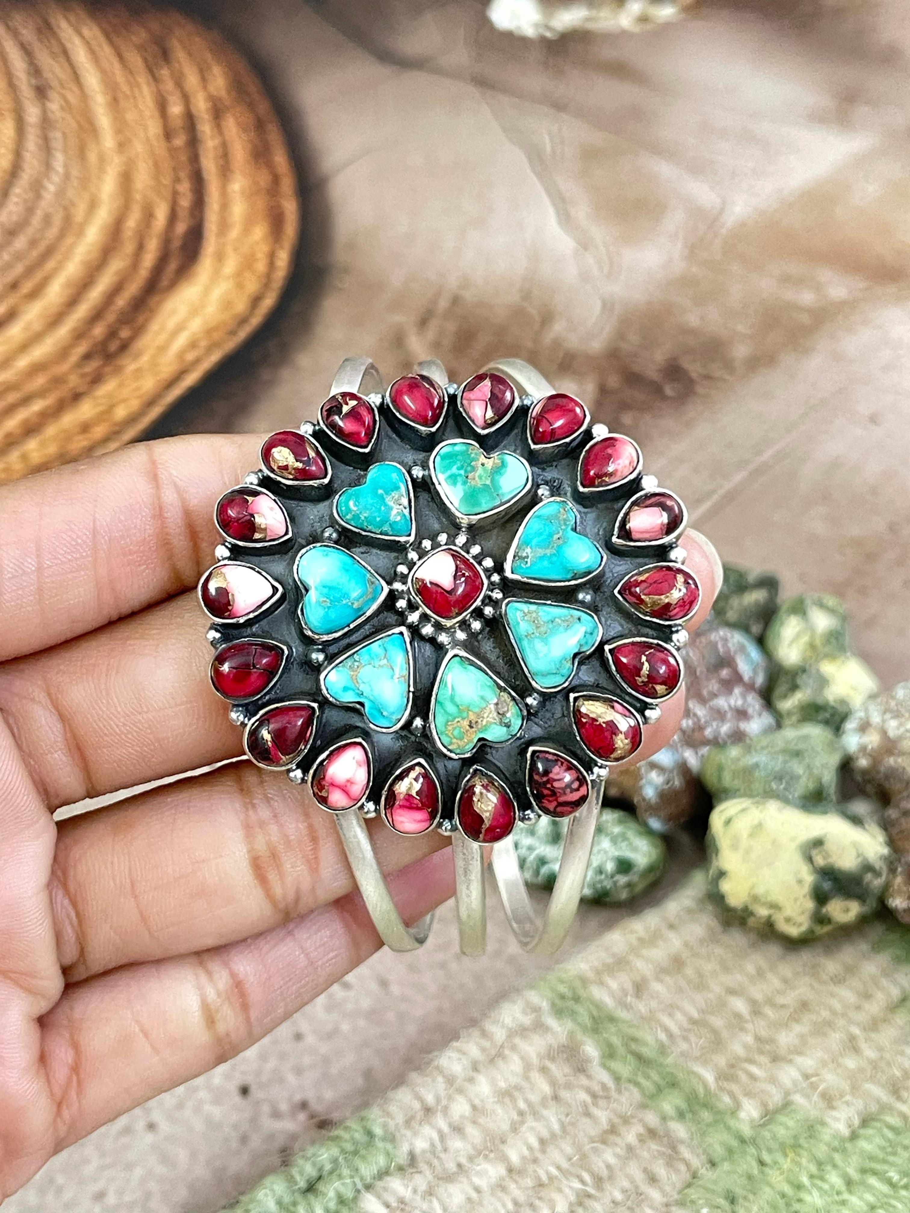 Handmade Sterling Silver Red Rose Dahlia with Emerald Valley Turquoise Cuff Bracelet, Signed Nizhoni