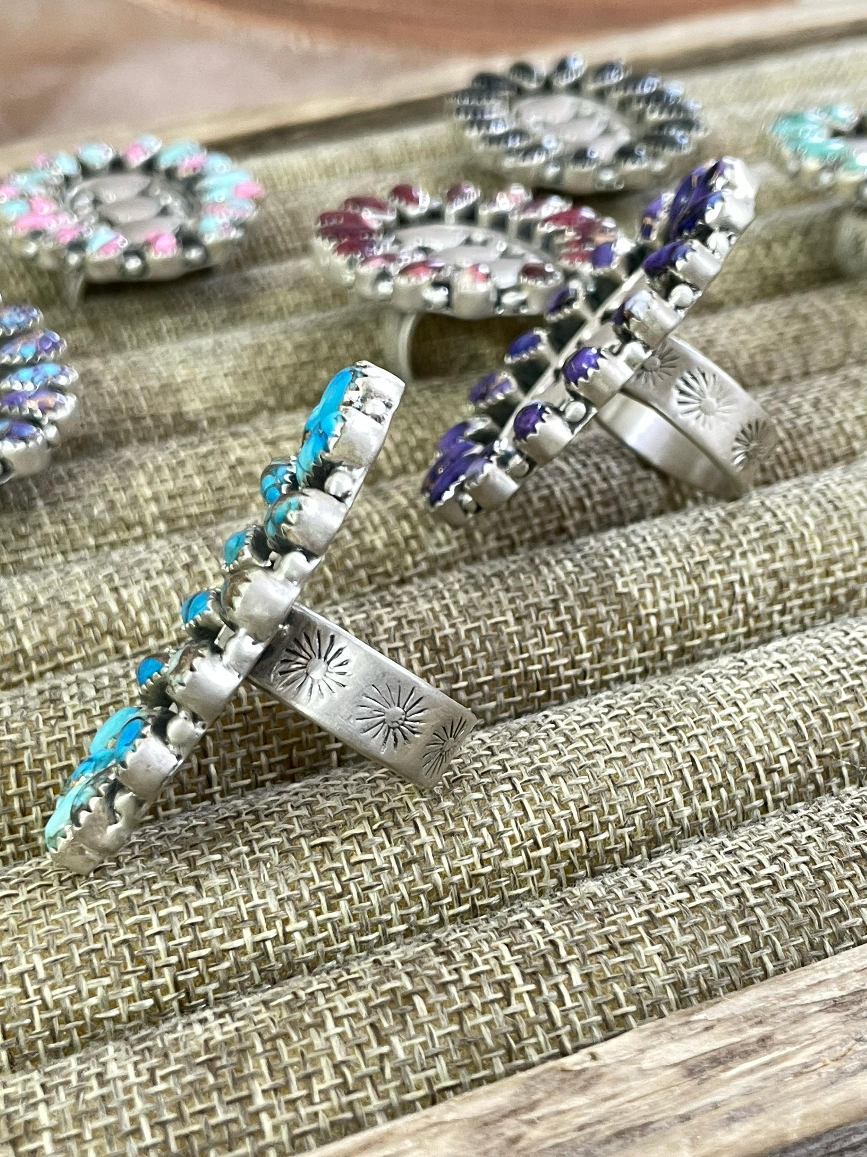 Handmade Sterling Silver Multi Gemstones Adjustable Heart Ring Signed Nizhoni