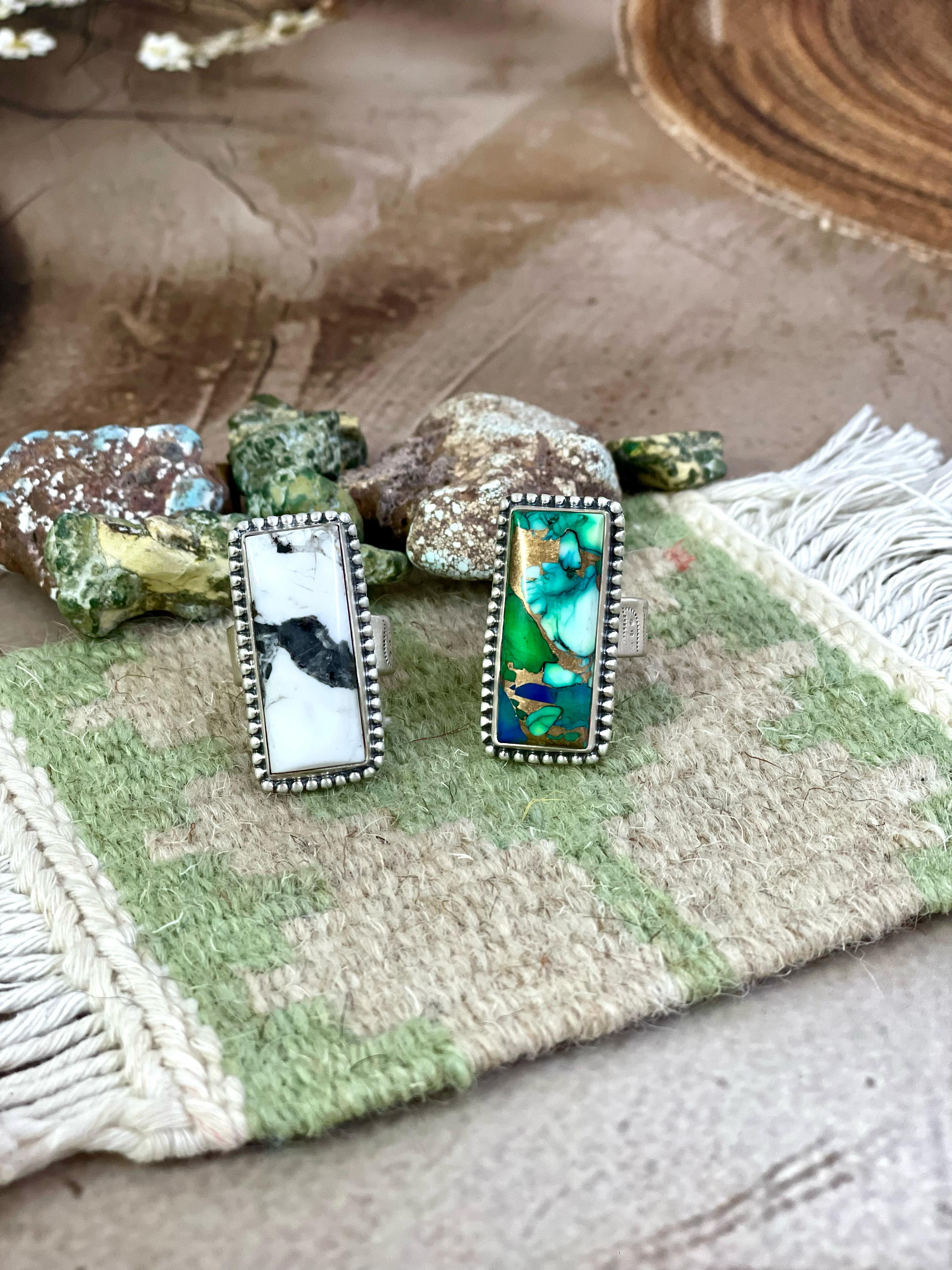 Handmade Sterling Silver Peacock Dahlia, White Buffalo Turquoise Adjustable Ring, Signed Nizhoni