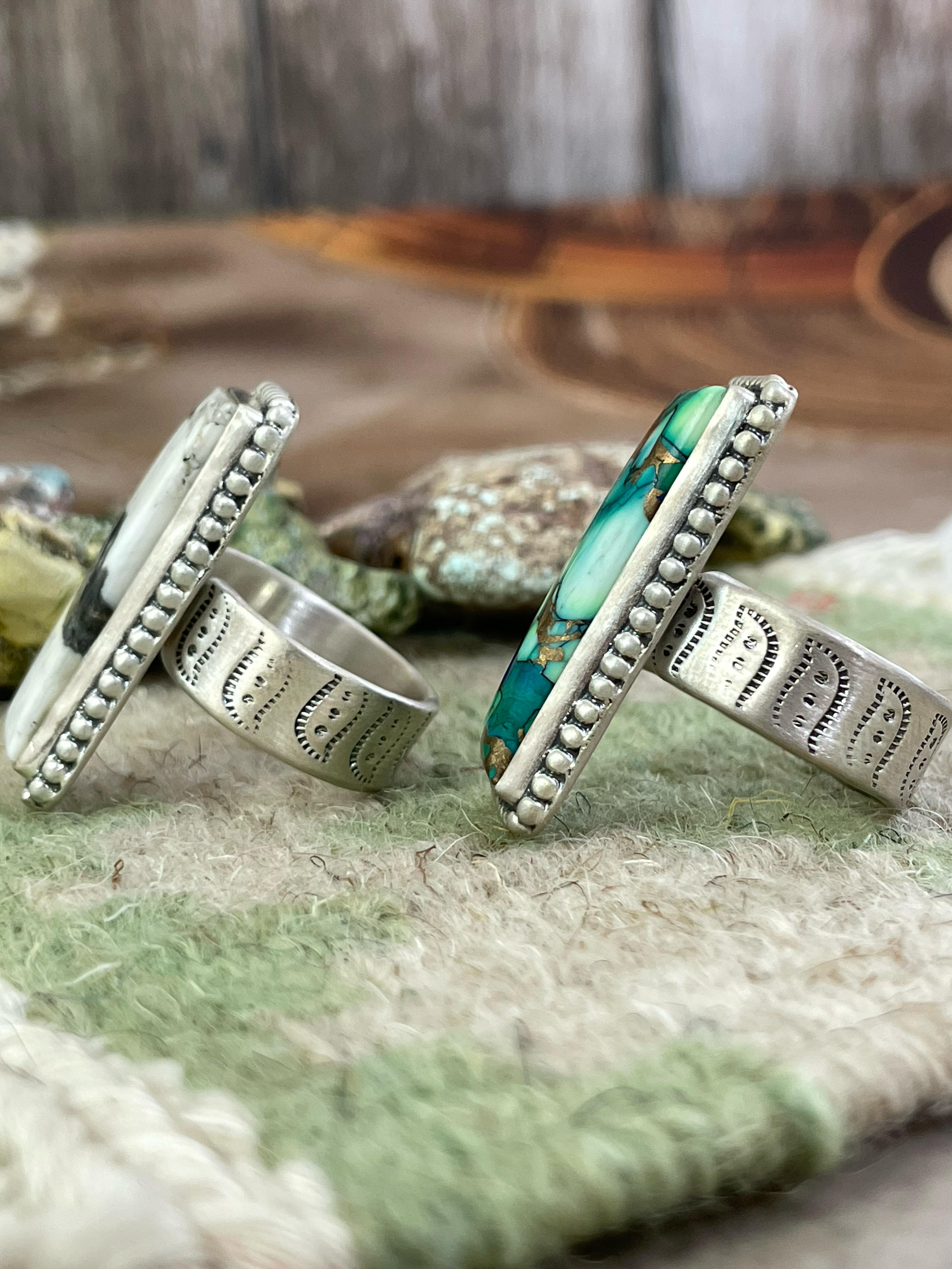 Handmade Sterling Silver Peacock Dahlia, White Buffalo Turquoise Adjustable Ring, Signed Nizhoni