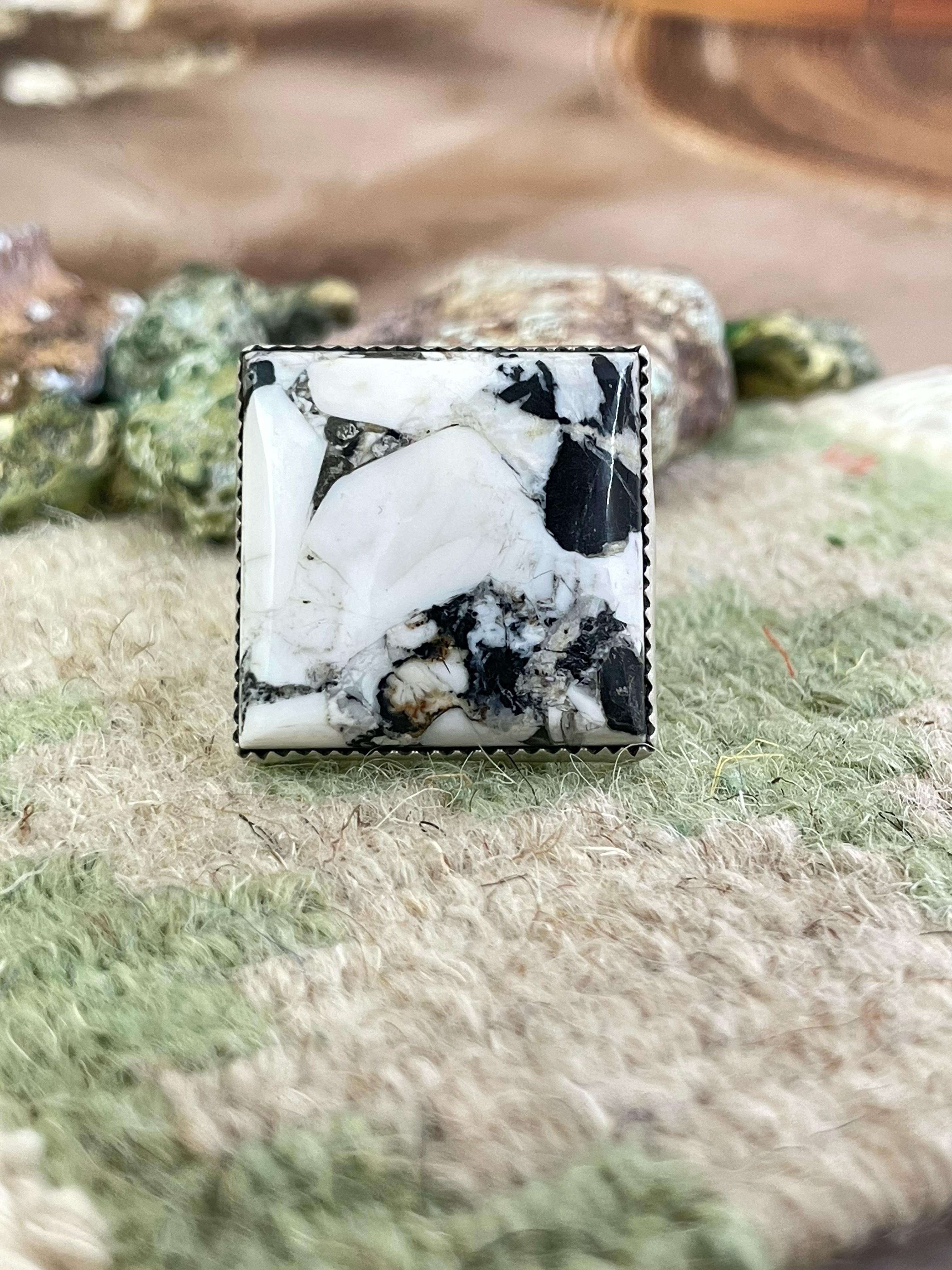 Handmade Sterling Silver White Buffalo Square Adjustable Ring with Signed Nizhoni