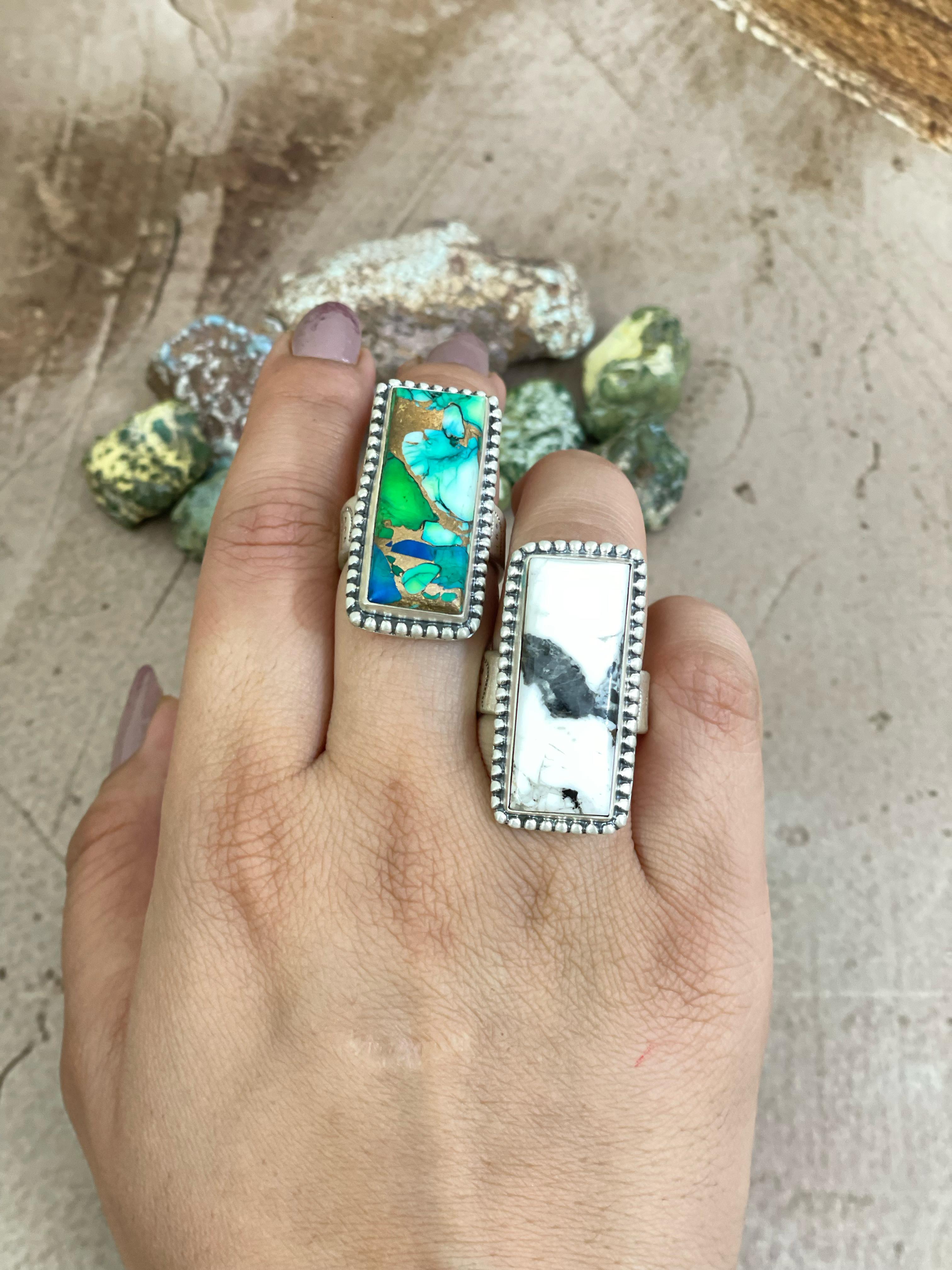 Handmade Sterling Silver Peacock Dahlia, White Buffalo Turquoise Adjustable Ring, Signed Nizhoni