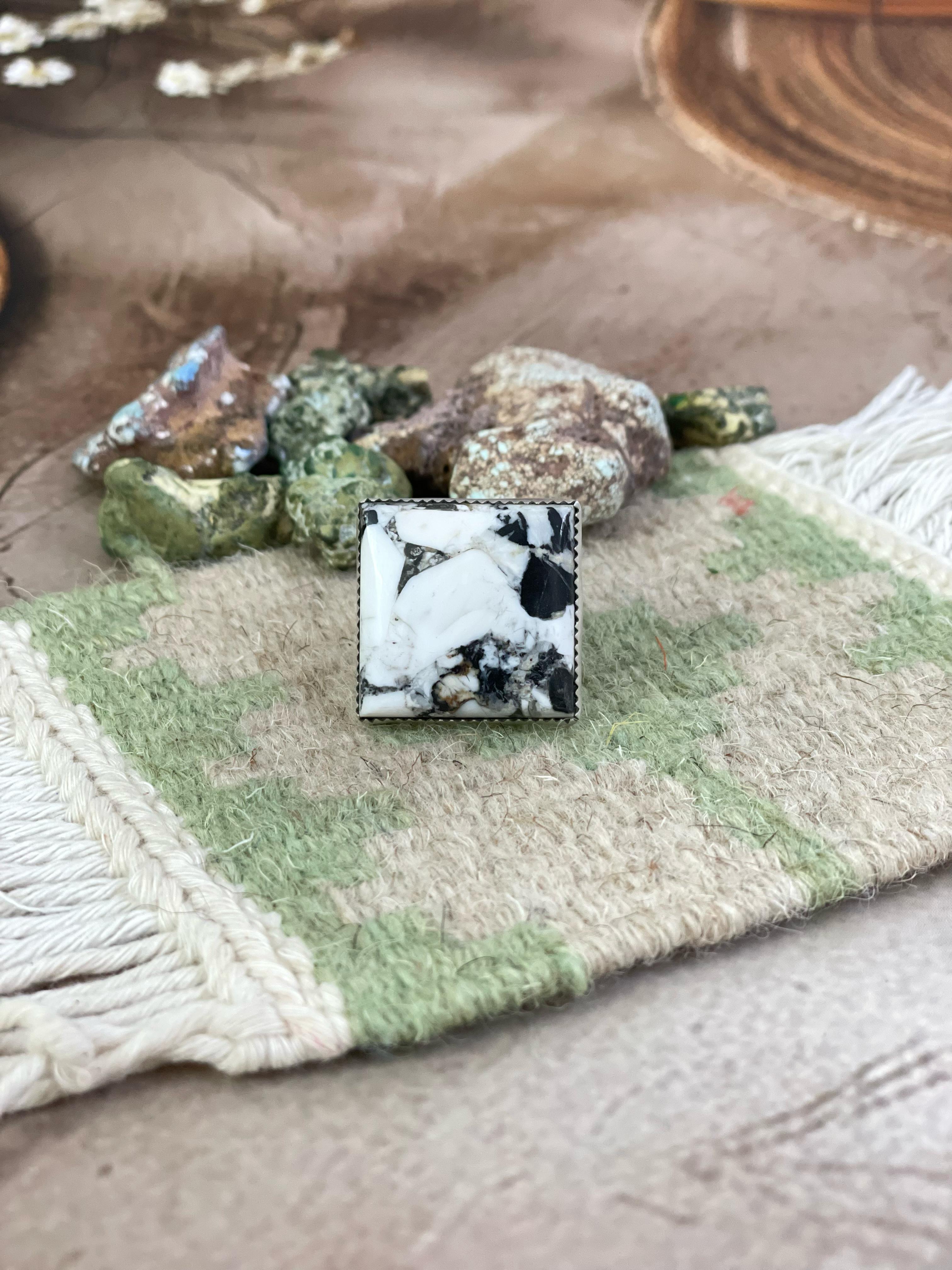 Handmade Sterling Silver White Buffalo Square Adjustable Ring with Signed Nizhoni