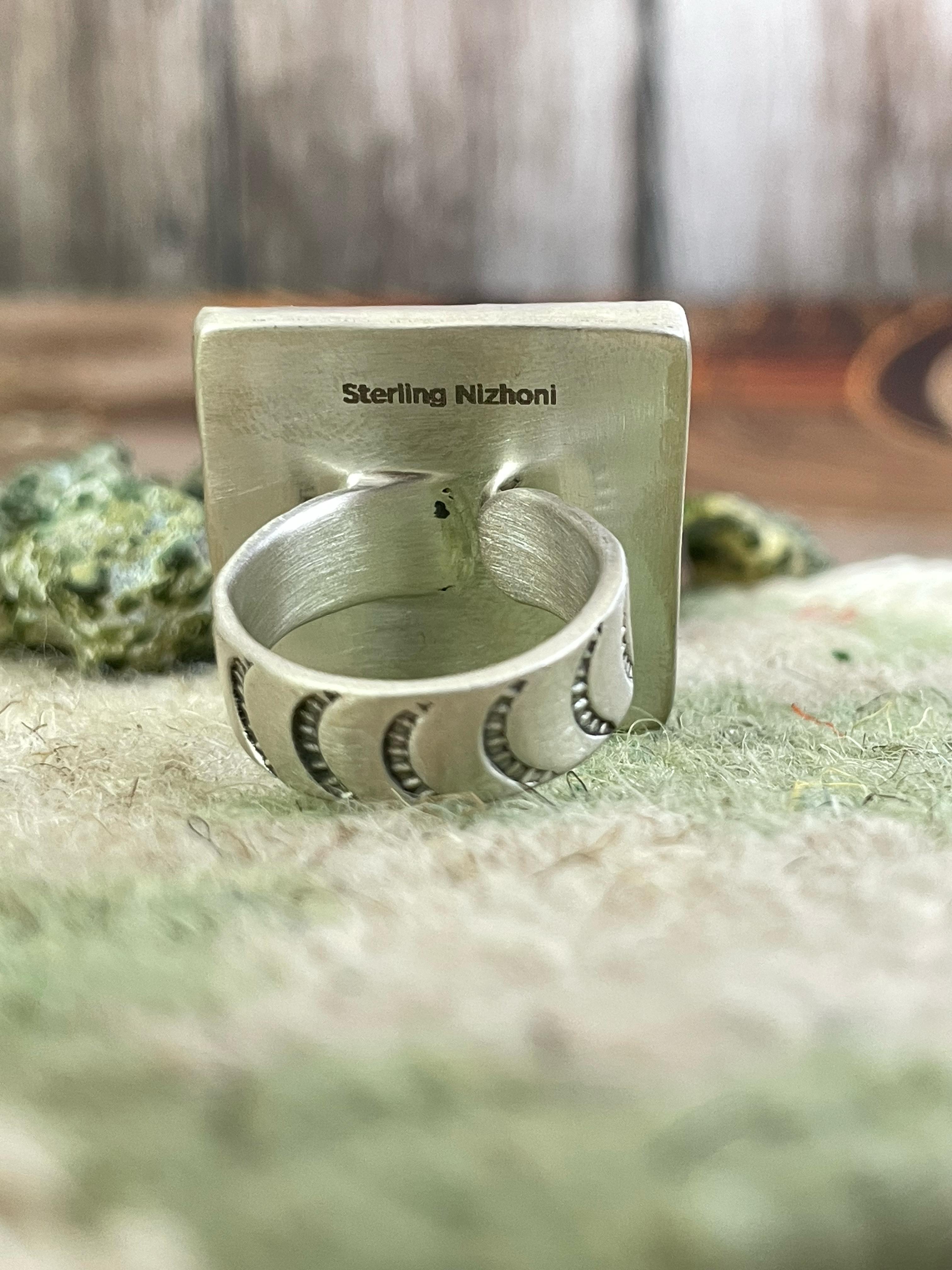 Handmade Sterling Silver White Buffalo Square Adjustable Ring with Signed Nizhoni