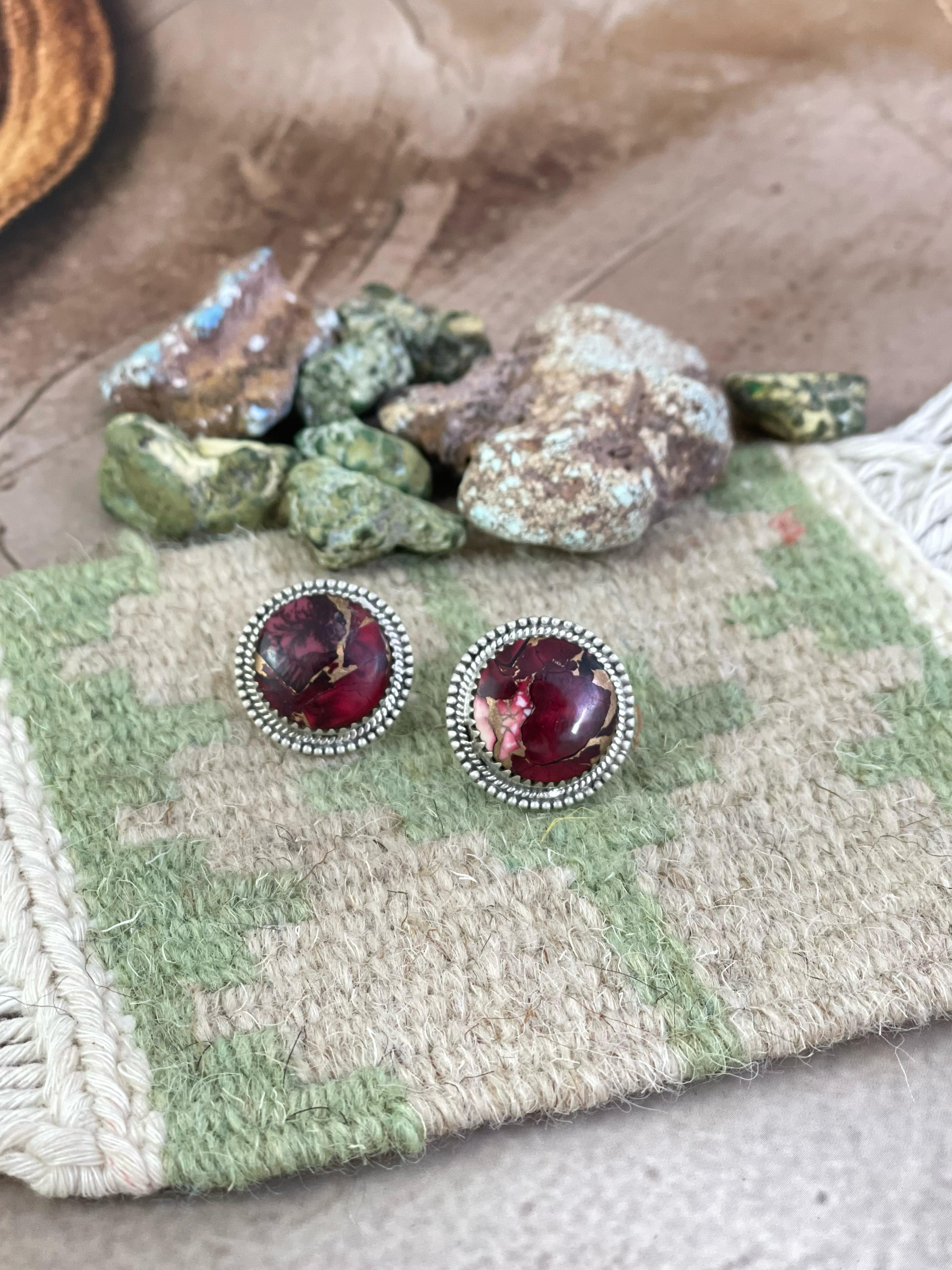 Handmade Sterling Silver Red Rose Dahlia Post Earrings with Signed Nizhoni