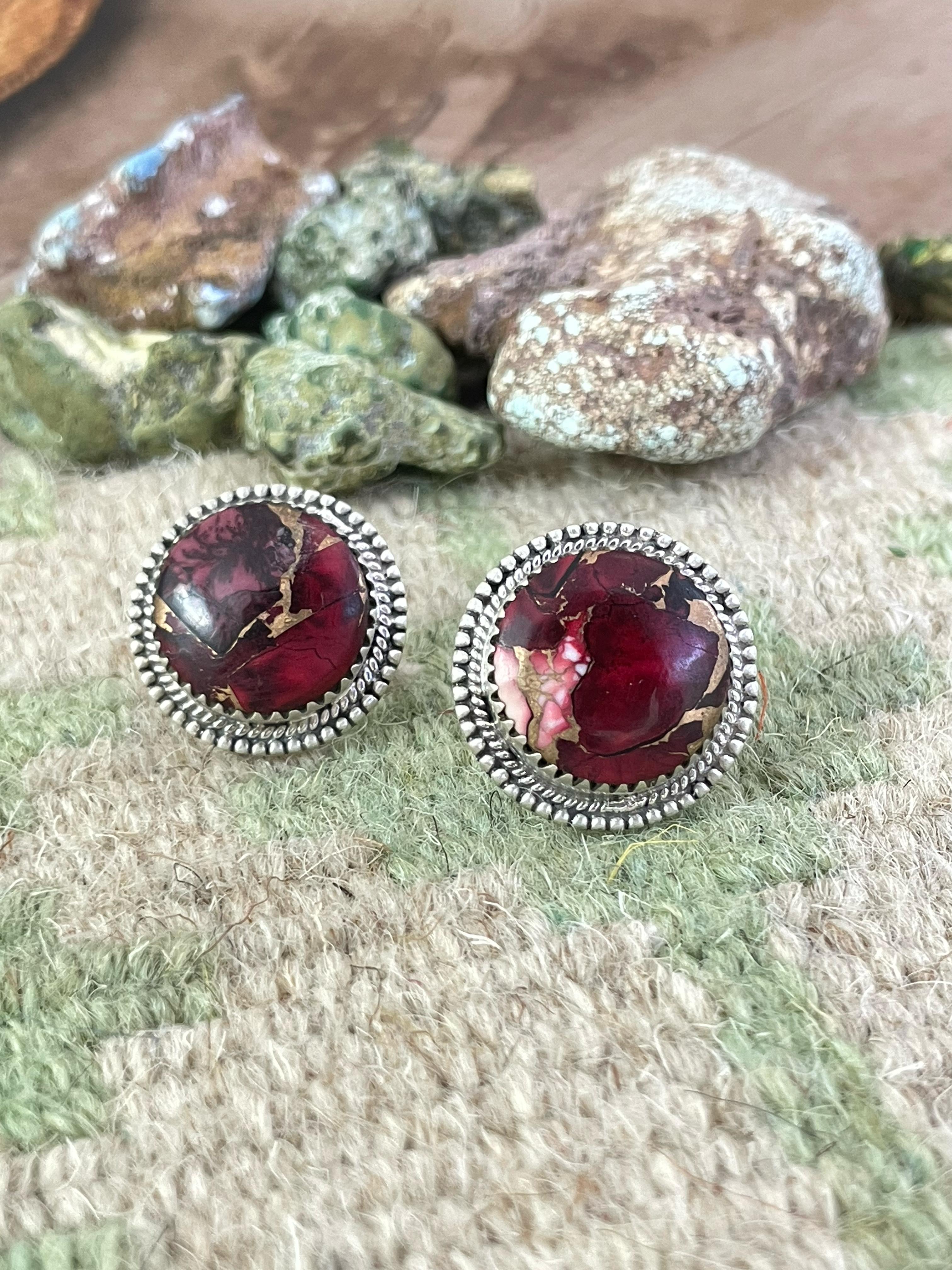 Handmade Sterling Silver Red Rose Dahlia Post Earrings with Signed Nizhoni