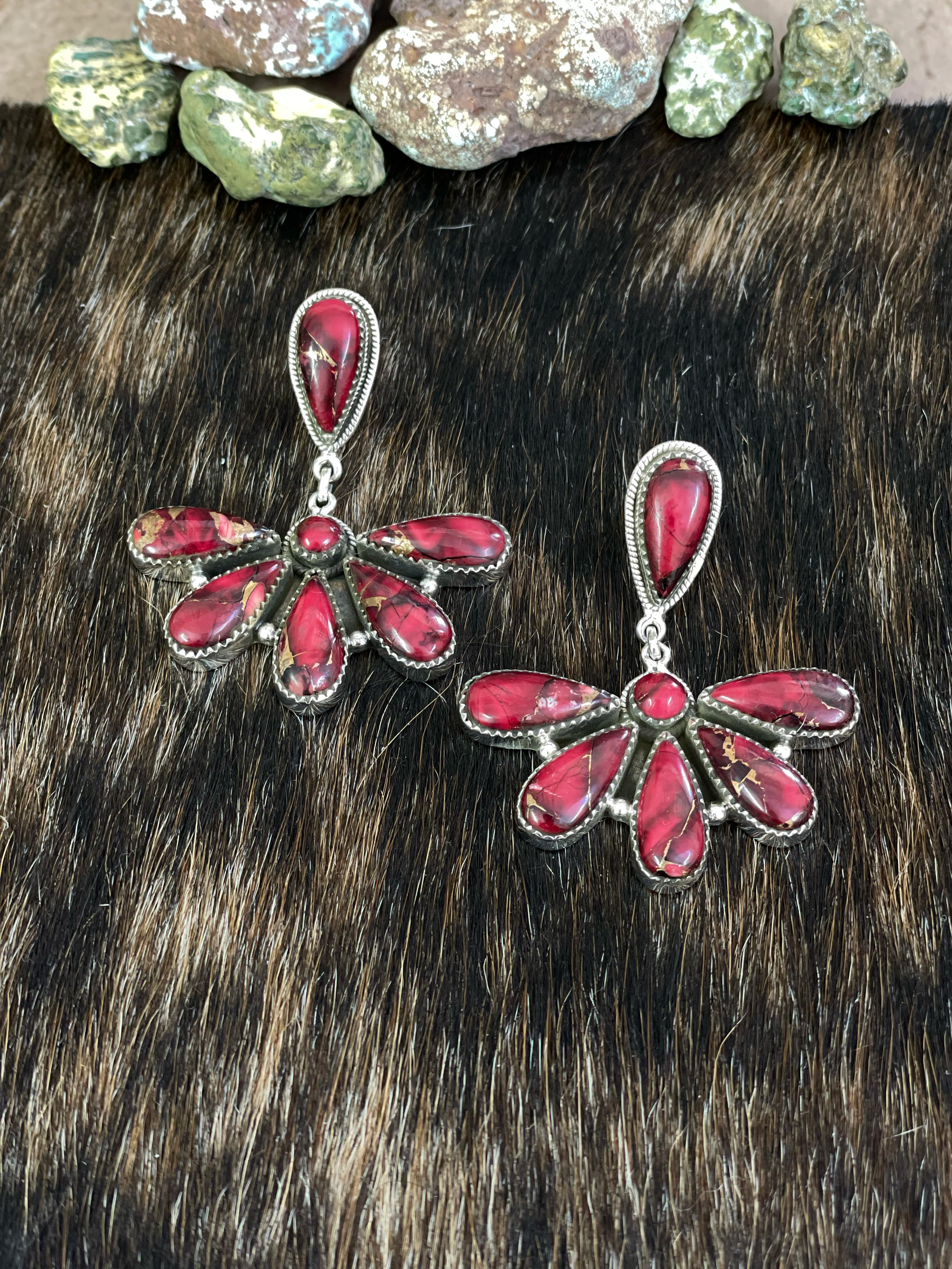 Handmade Sterling Silver Red Rose Dahlia Post Earrings with Signed Nizhoni