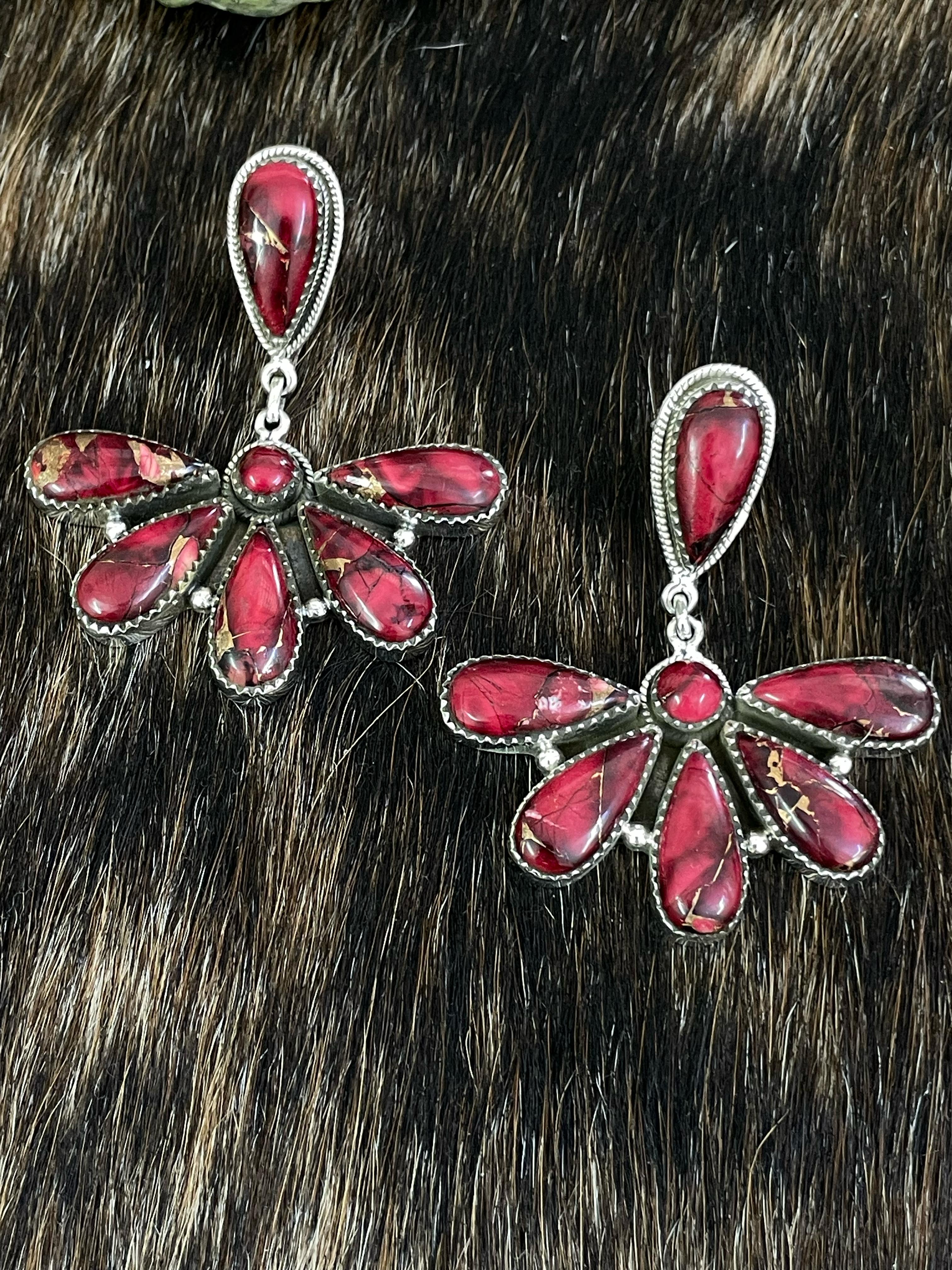 Handmade Sterling Silver Red Rose Dahlia Post Earrings with Signed Nizhoni