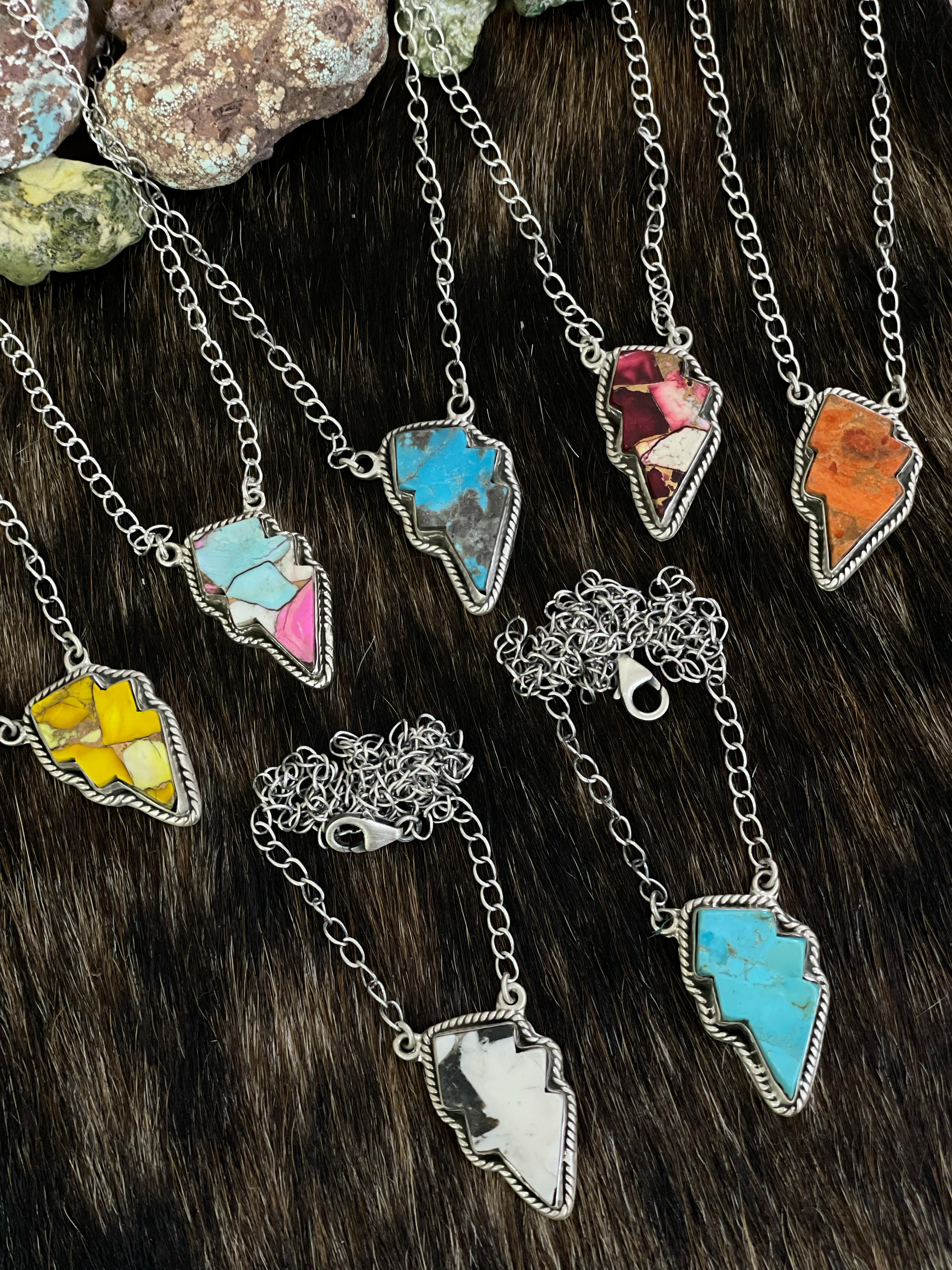 Handmade Sterling Silver Multi Gemstone Lightening Bolt Necklace with Signed Nizhoni