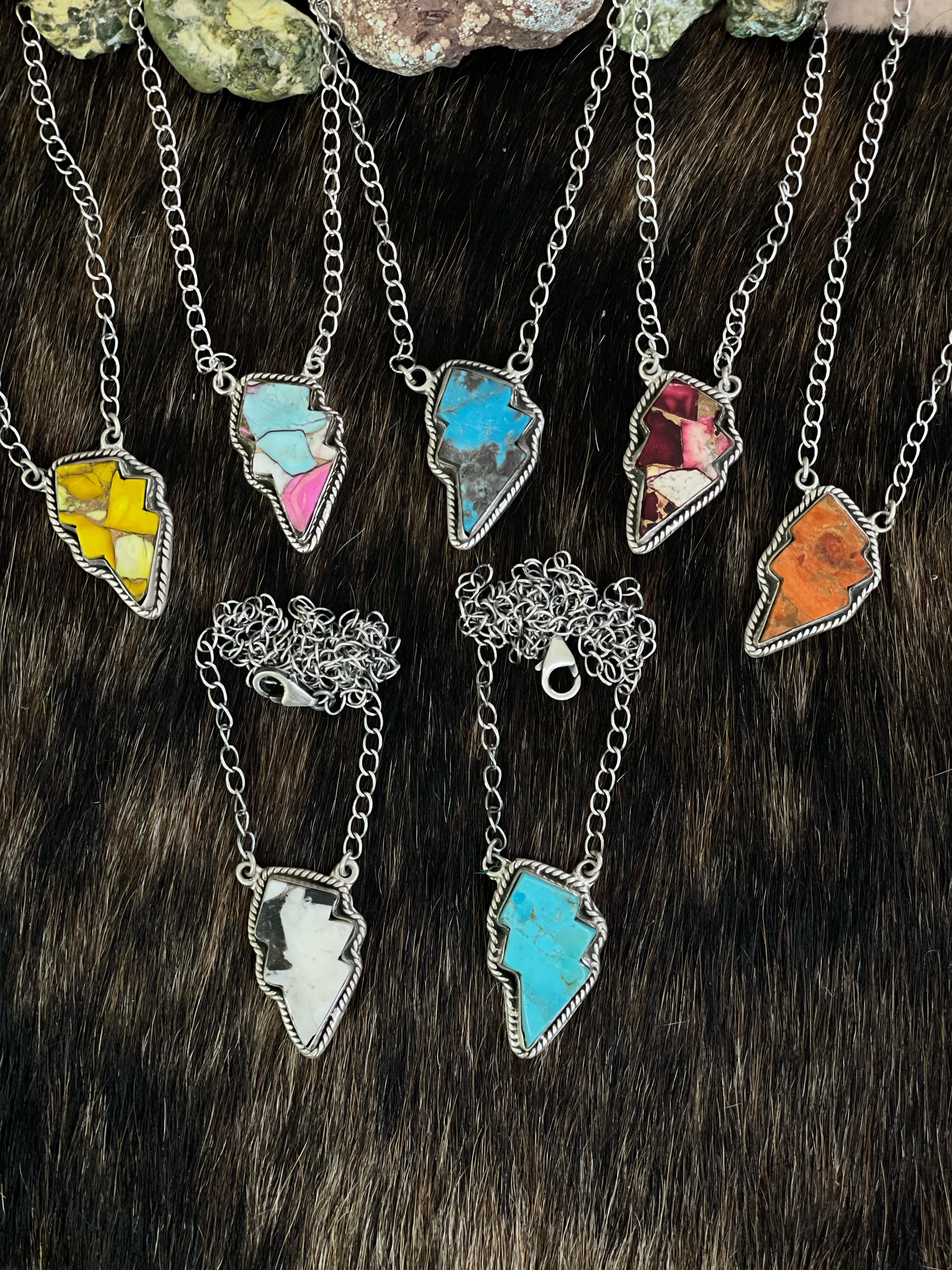 Handmade Sterling Silver Multi Gemstone Lightening Bolt Necklace with Signed Nizhoni