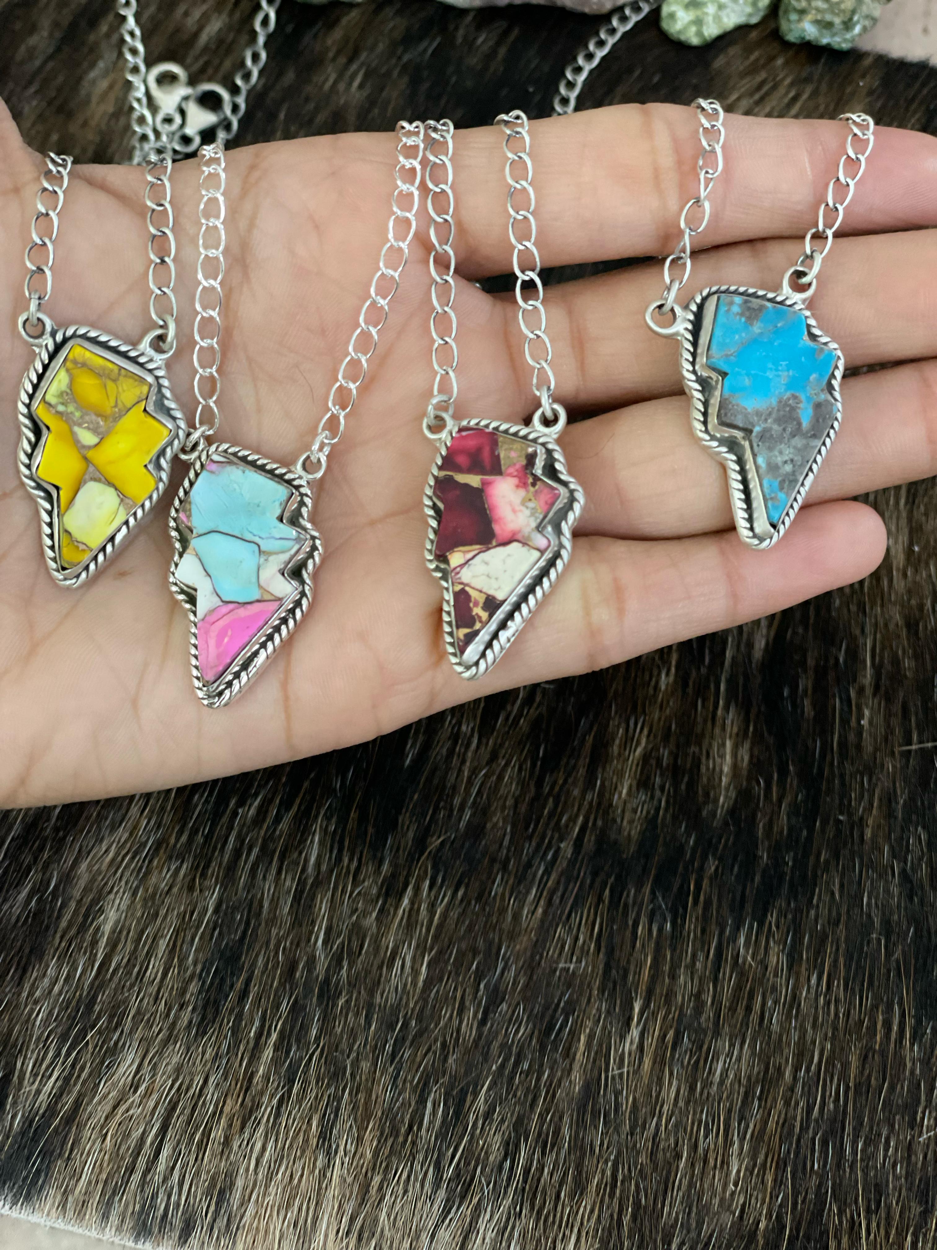 Handmade Sterling Silver Multi Gemstone Lightening Bolt Necklace with Signed Nizhoni