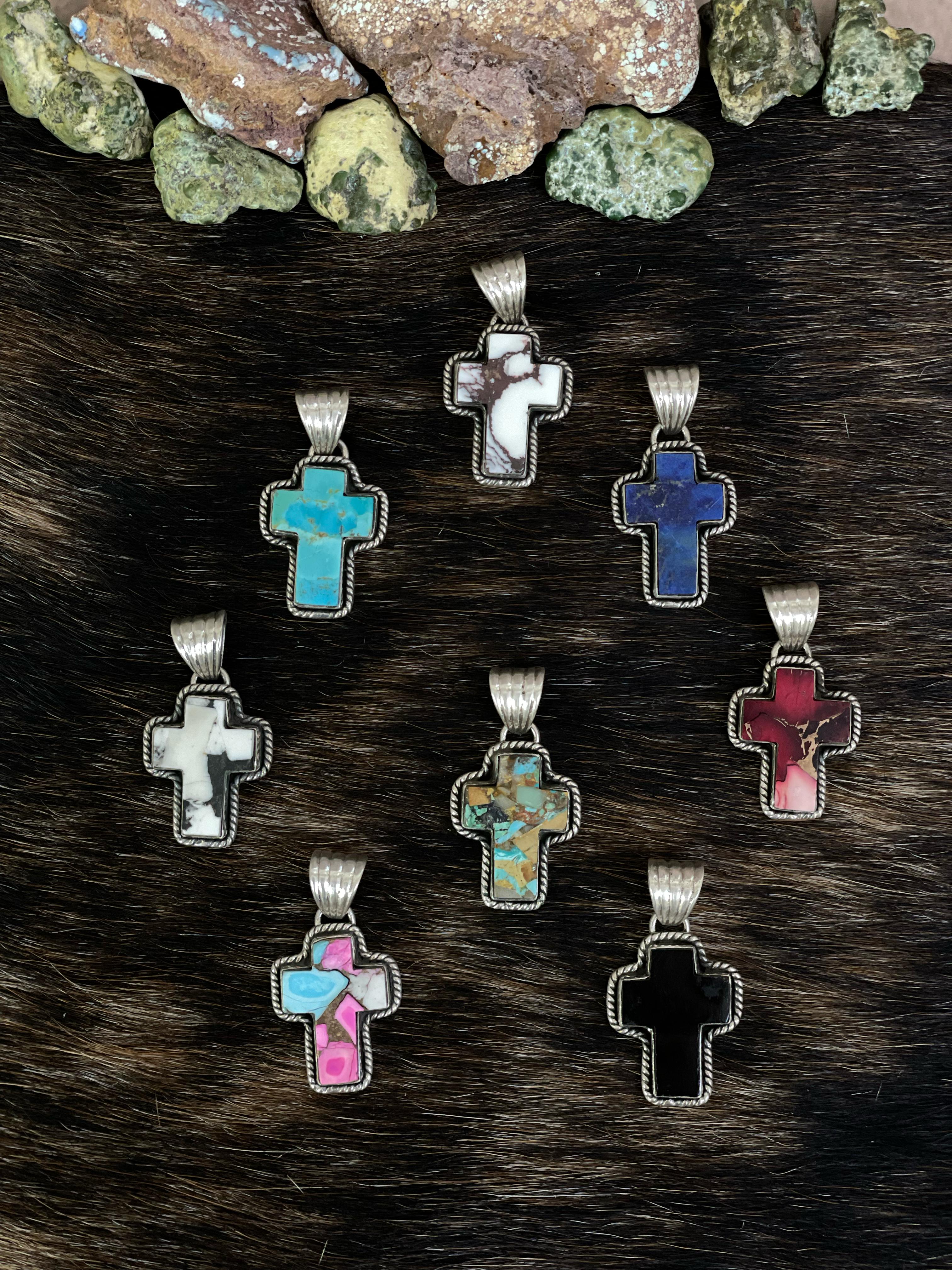 Handmade Sterling Silver Multi Gemstones Cross Pendant with Signed Nizhoni