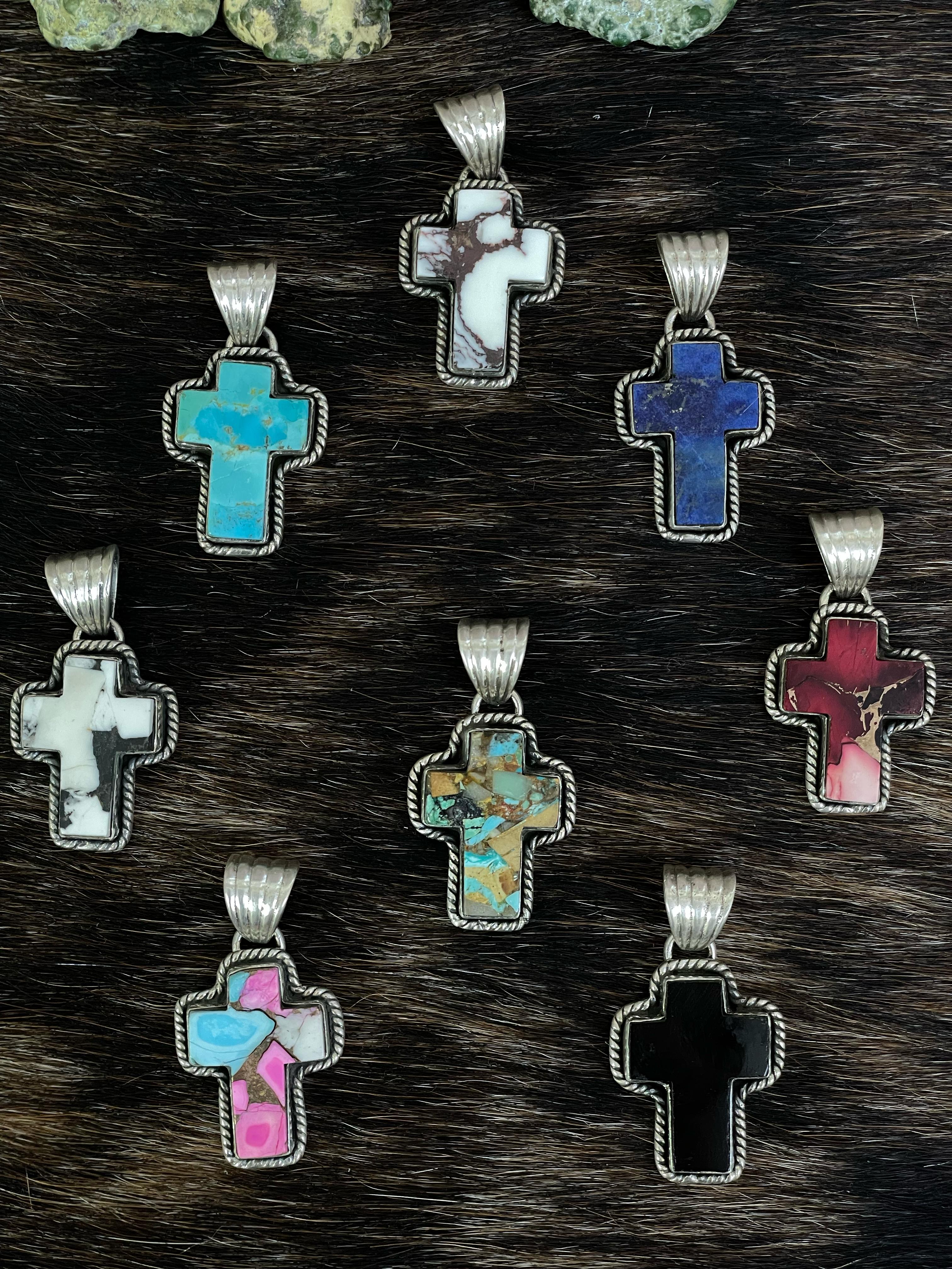 Handmade Sterling Silver Multi Gemstones Cross Pendant with Signed Nizhoni