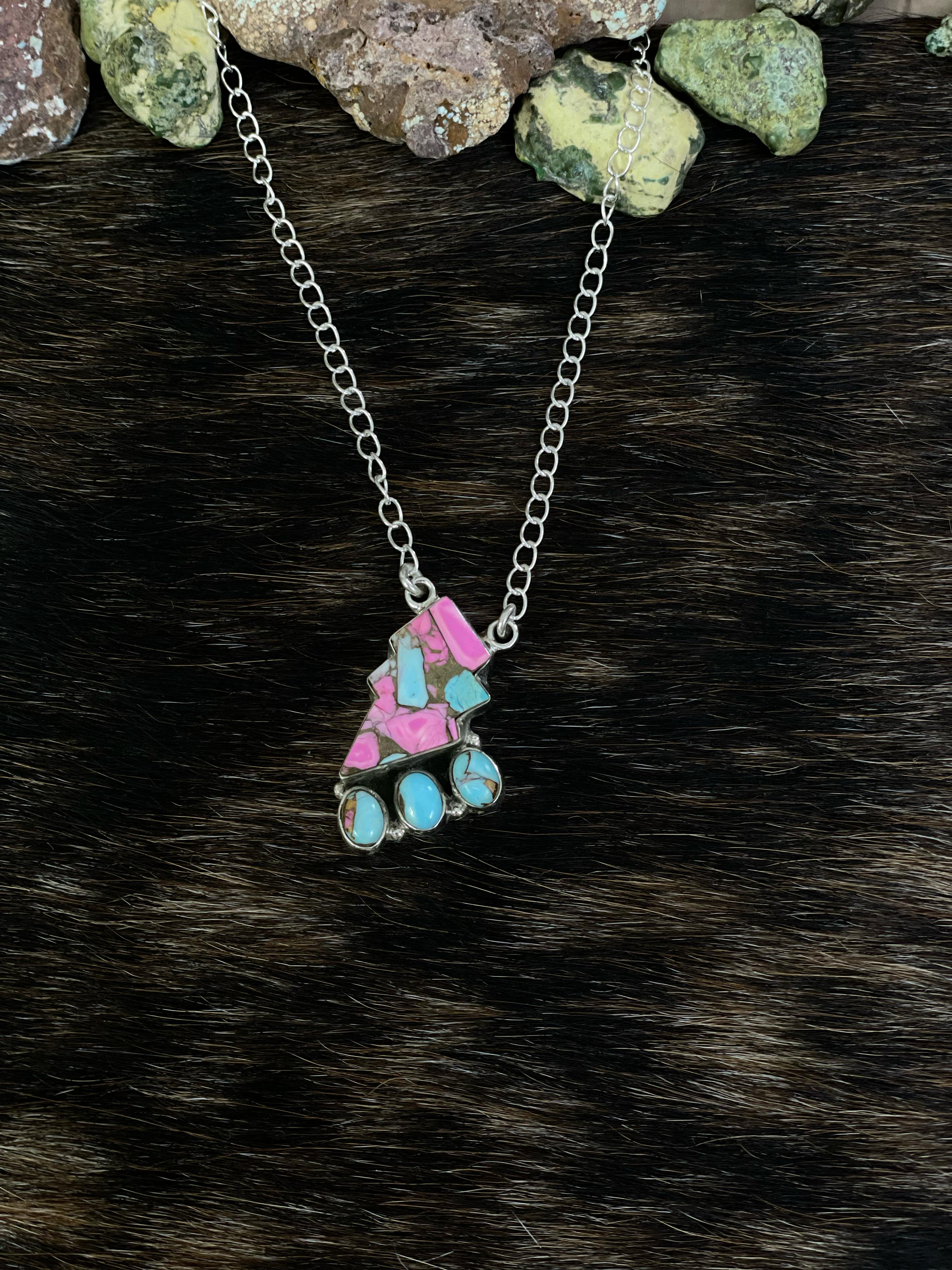 Handmade Sterling Silver Cotton Candy Turquoise Necklace with Signed Nizhoni