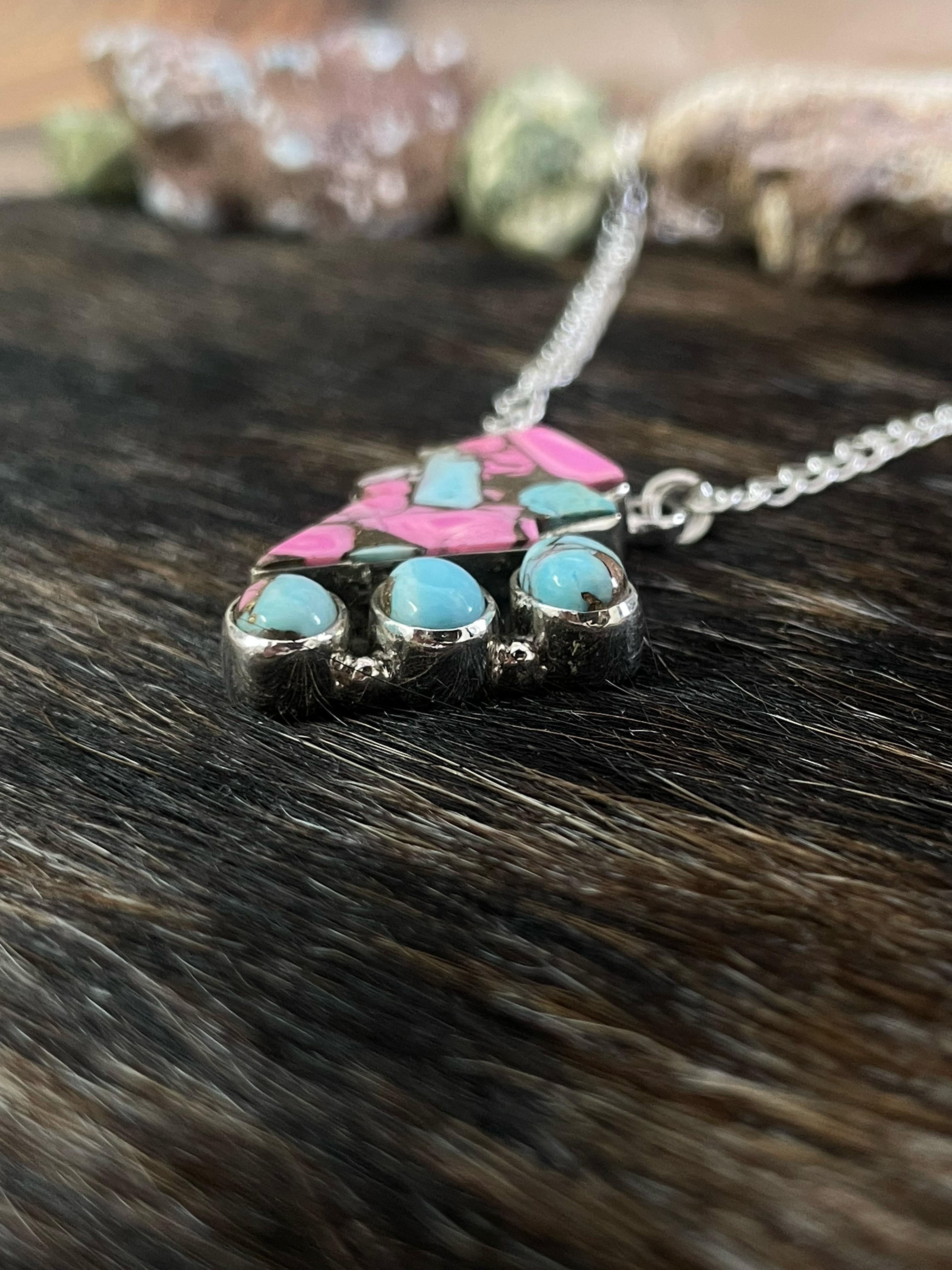 Handmade Sterling Silver Cotton Candy Turquoise Necklace with Signed Nizhoni