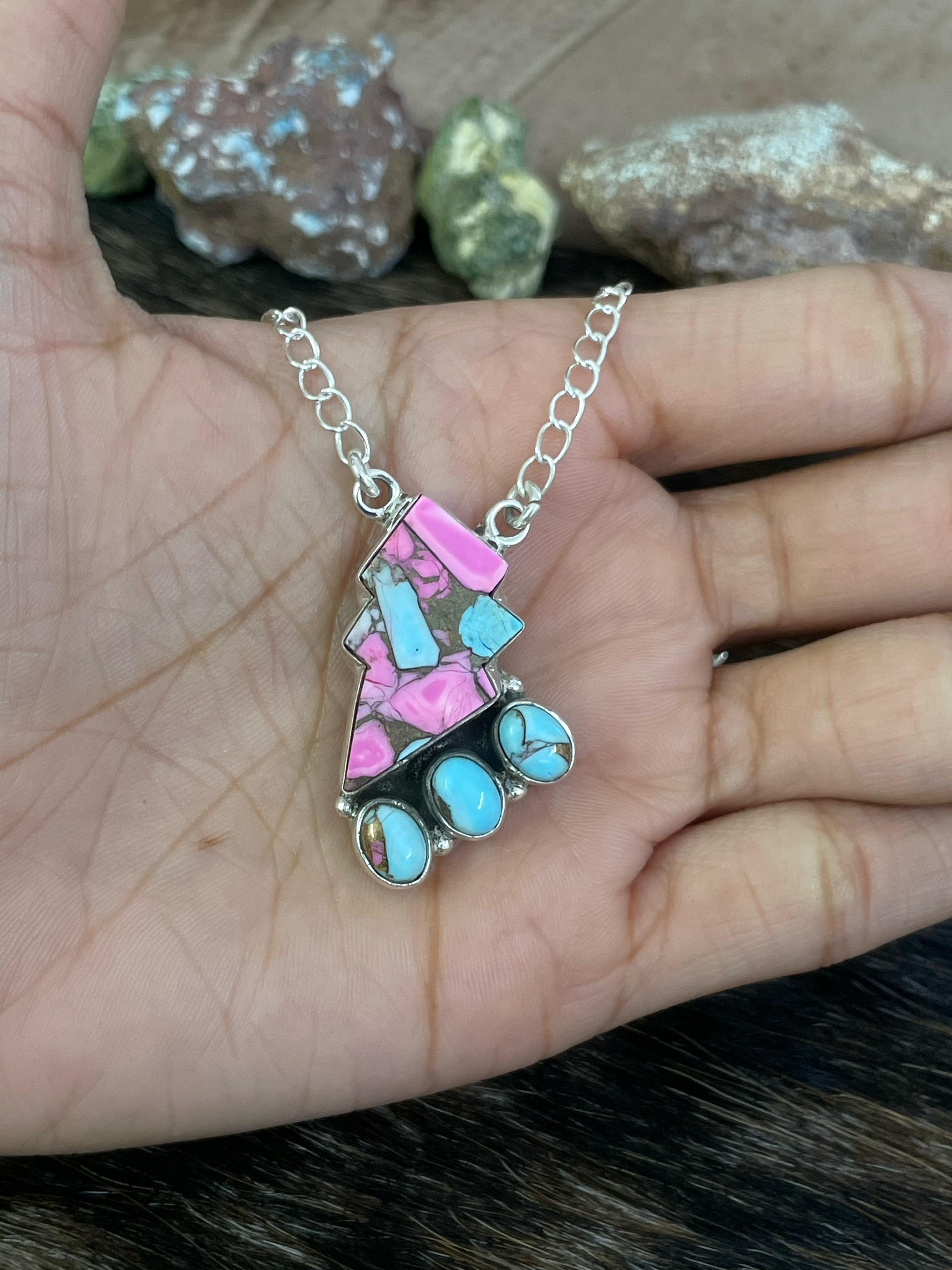 Handmade Sterling Silver Cotton Candy Turquoise Necklace with Signed Nizhoni