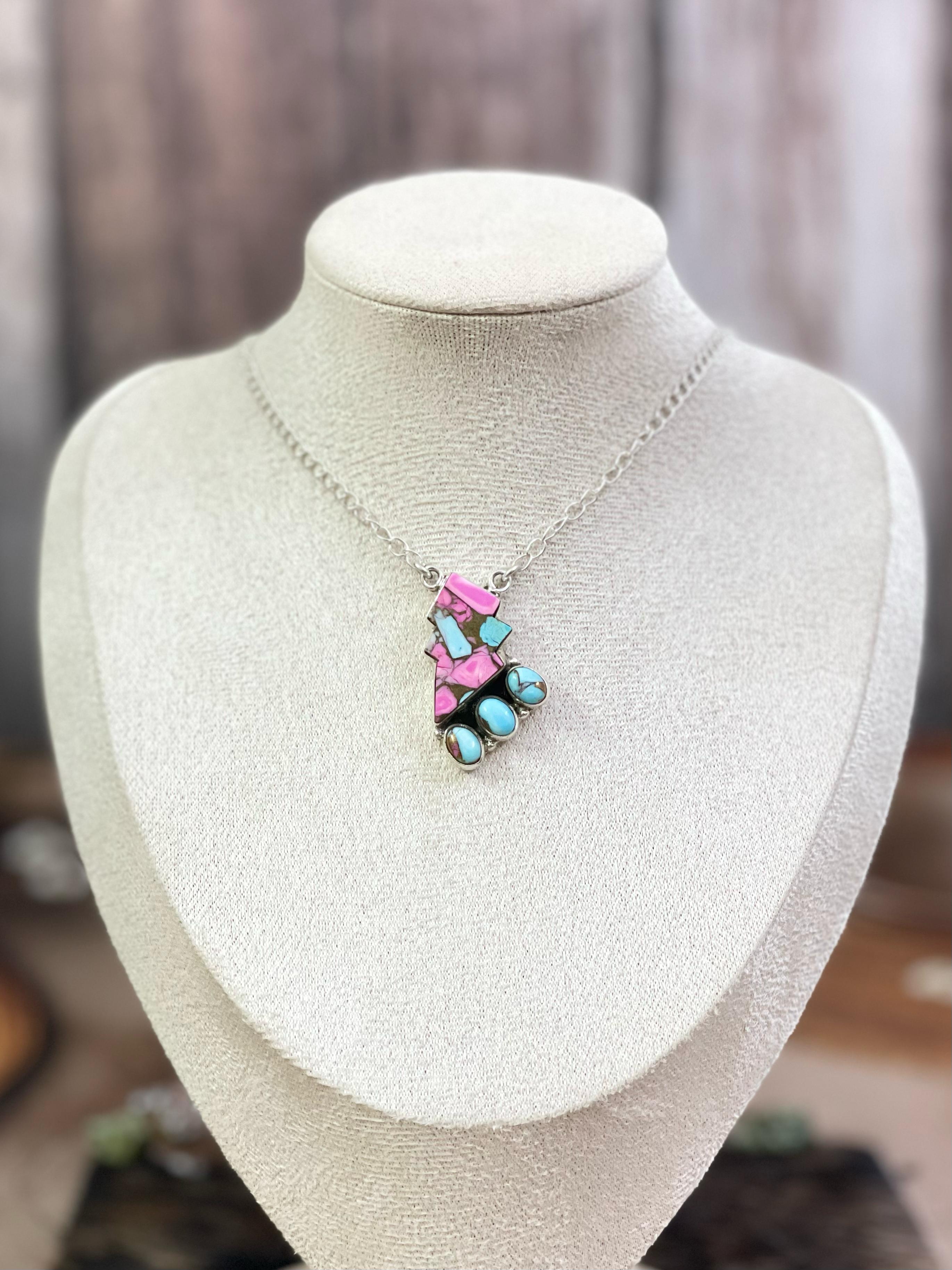 Handmade Sterling Silver Cotton Candy Turquoise Necklace with Signed Nizhoni