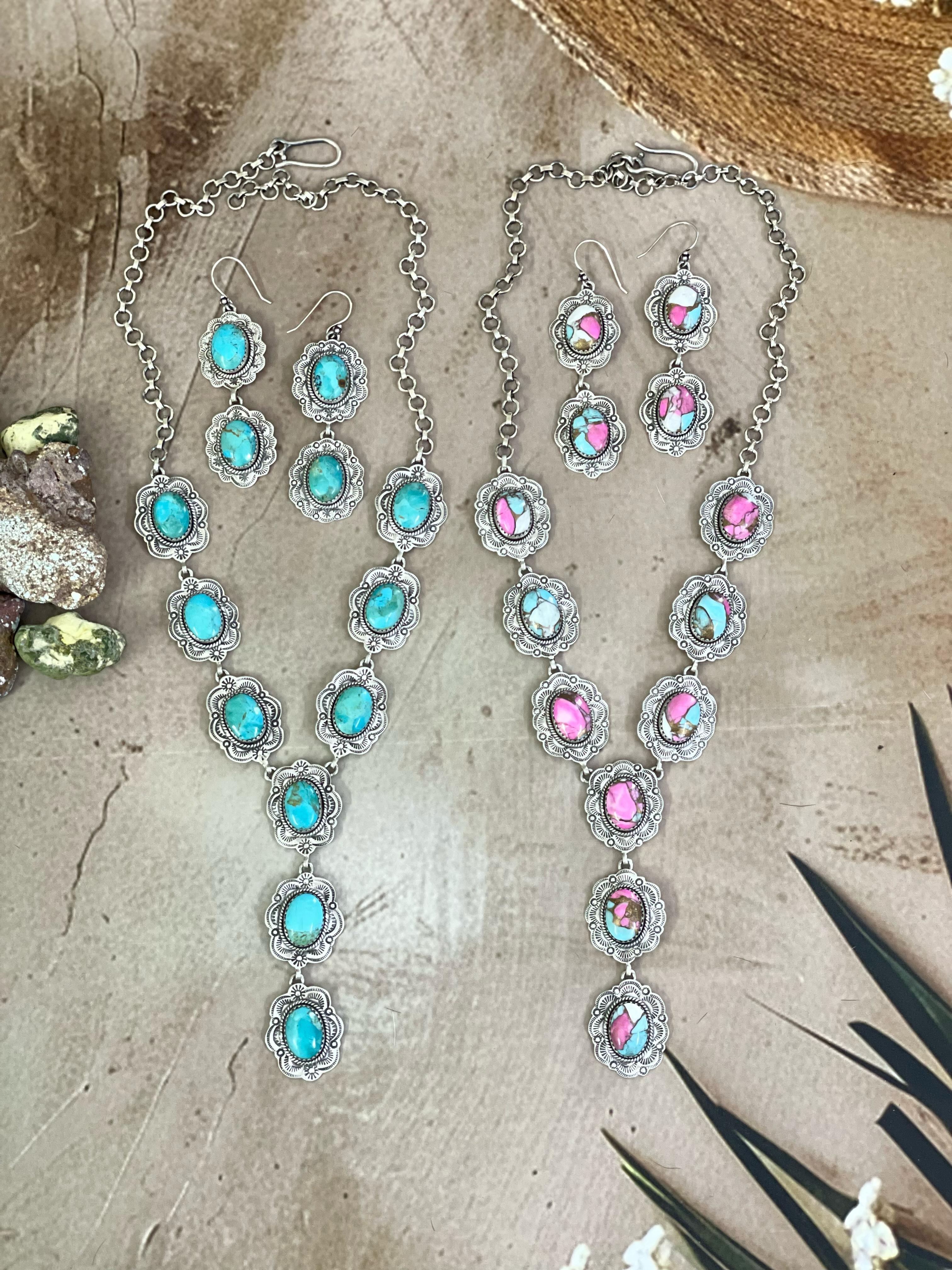 Handmade Sterling Silver Cotton Candy, Kingman Turquoise Necklace Dangle Earrings Set with Signed Nizhoni