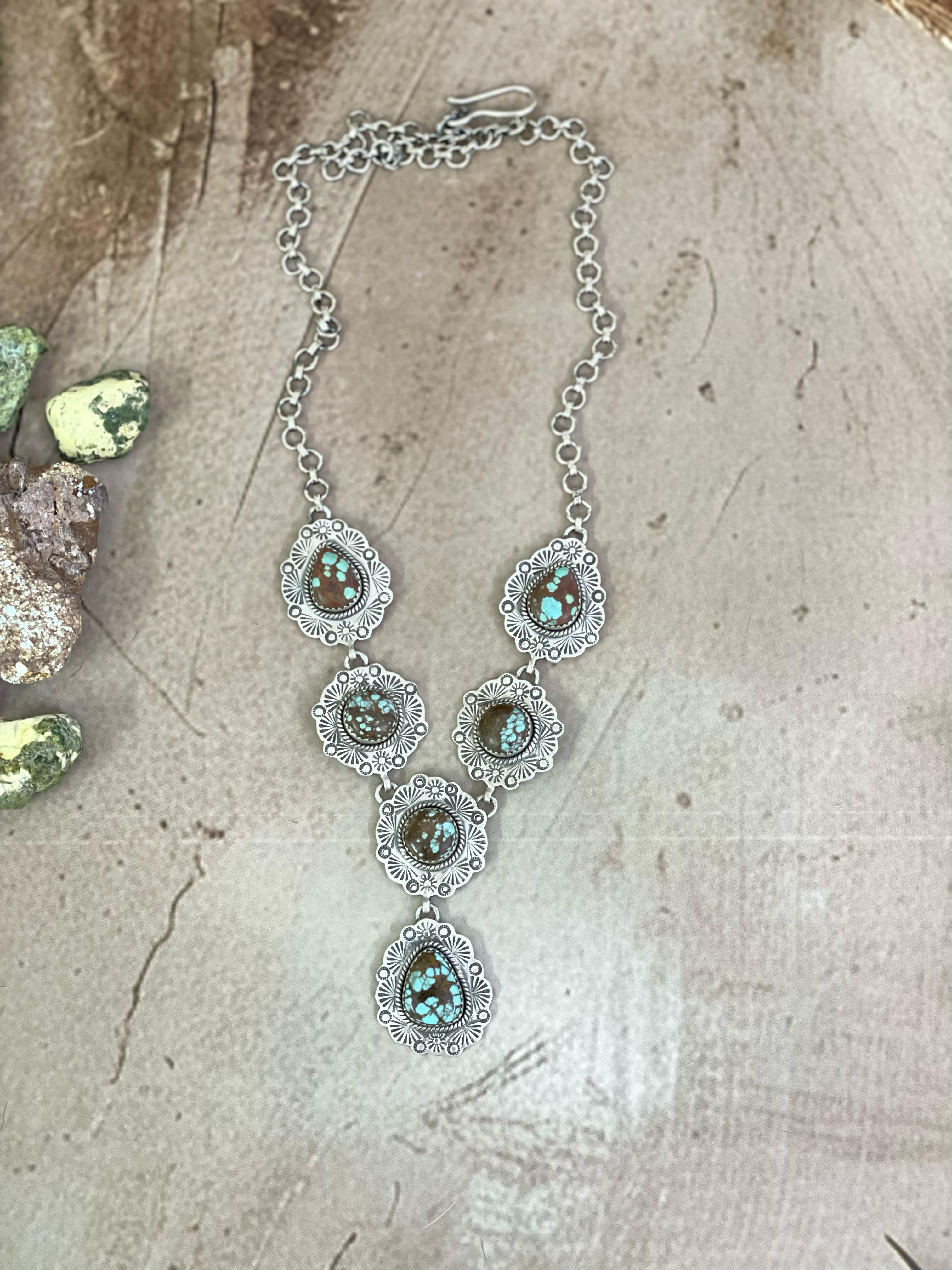 Handmade Sterling Silver Number 8 Turquoise Necklace with Signed Nizhoni