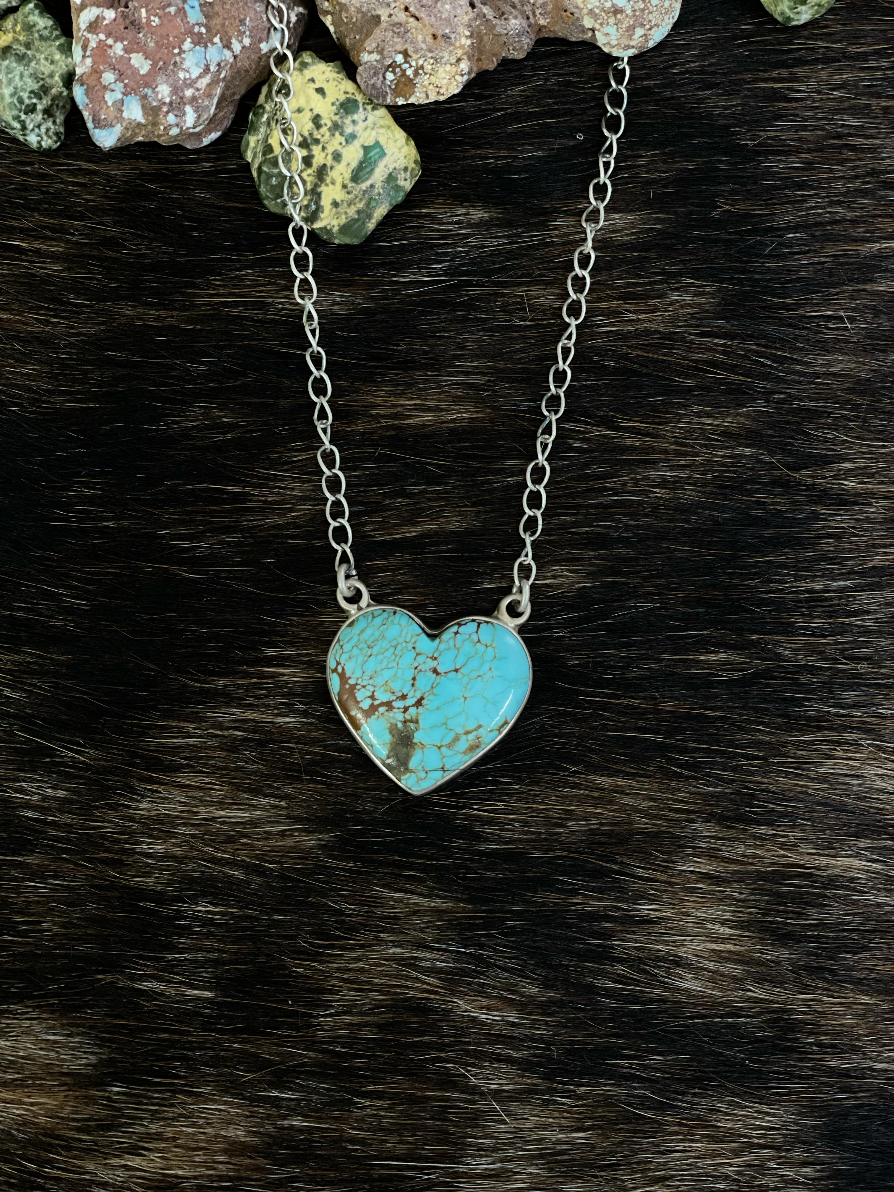 Handmade Sterling Silver Number 8 Turquoise Heart Necklace with Signed Nizhoni