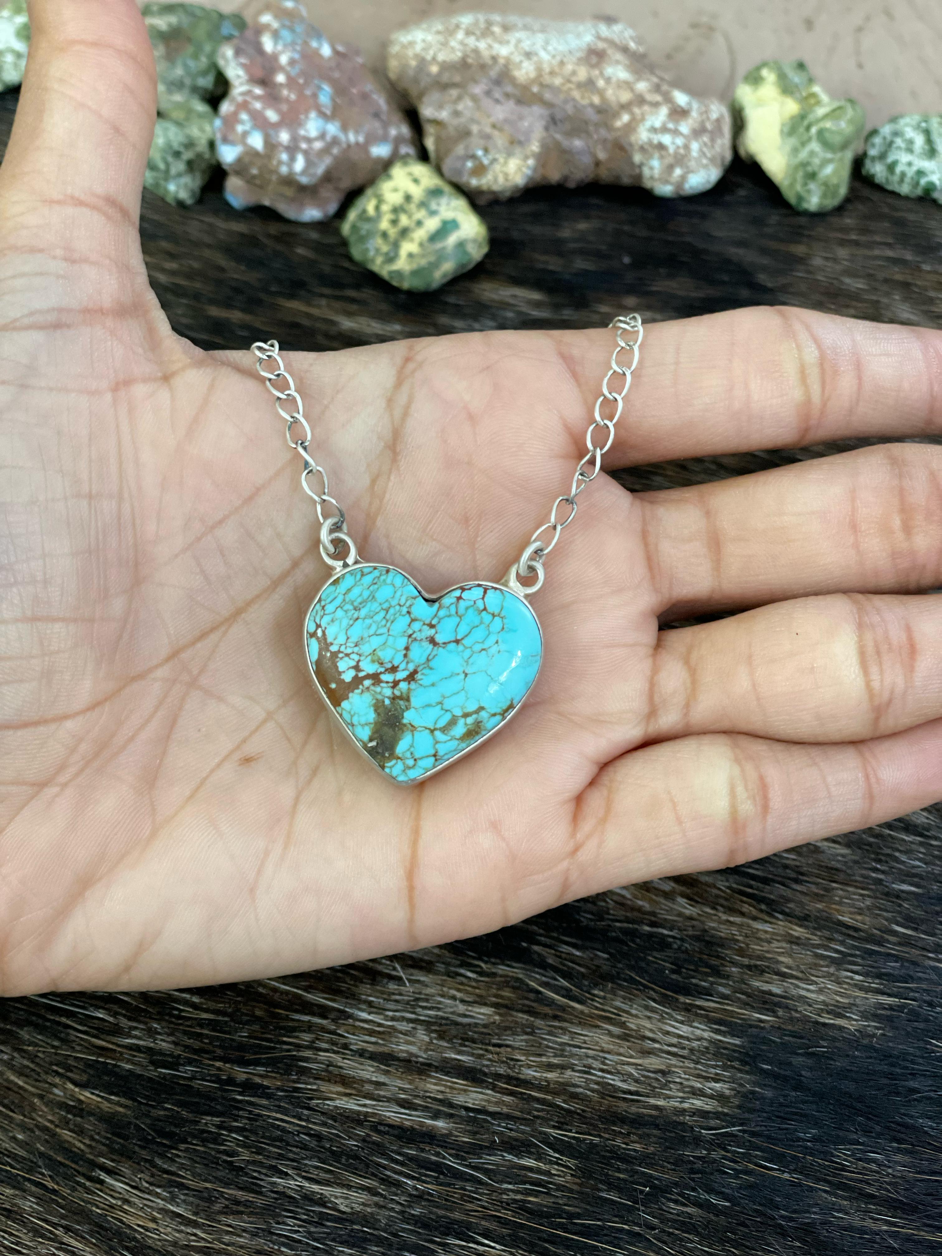 Handmade Sterling Silver Number 8 Turquoise Heart Necklace with Signed Nizhoni