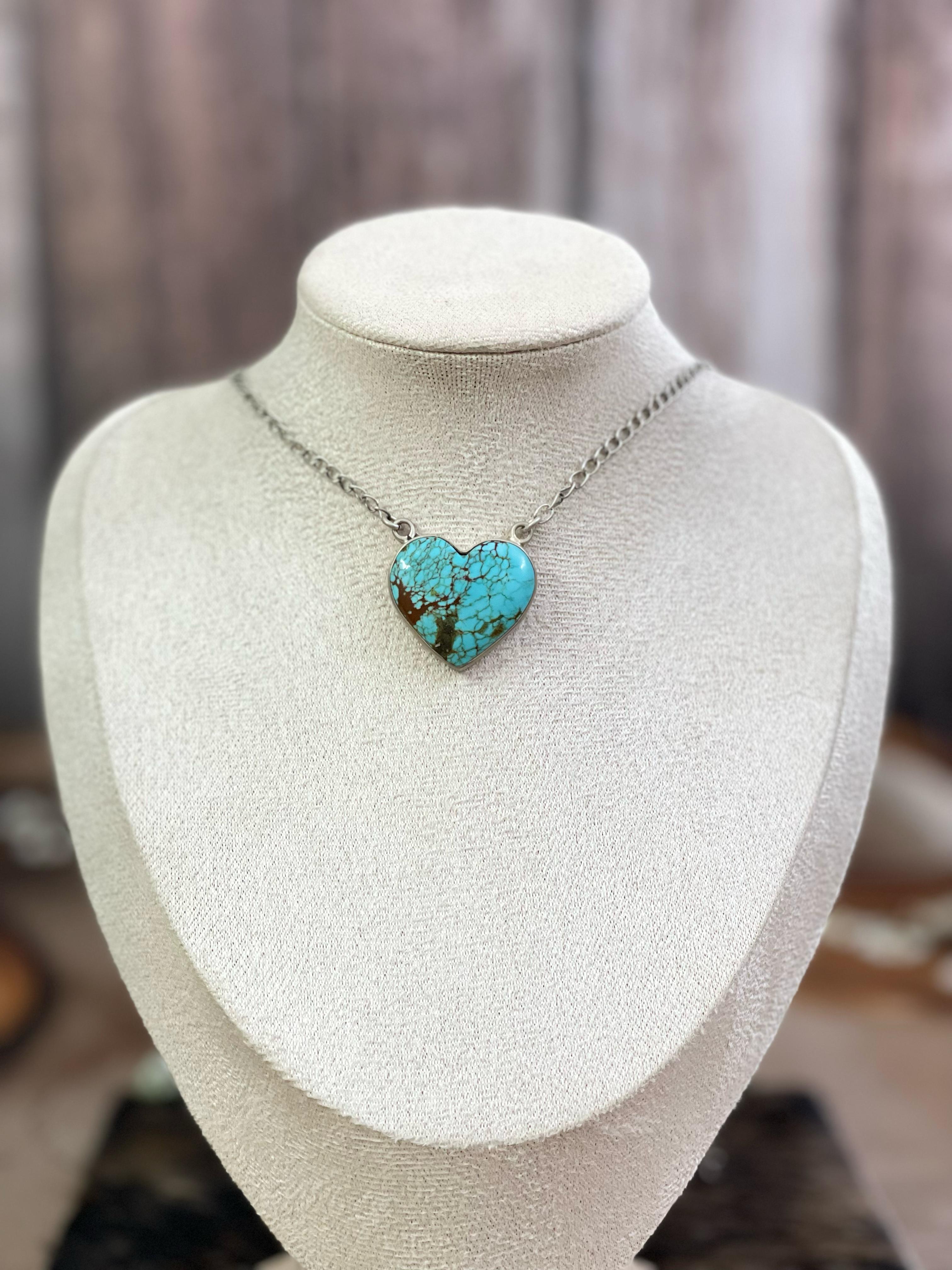 Handmade Sterling Silver Number 8 Turquoise Heart Necklace with Signed Nizhoni