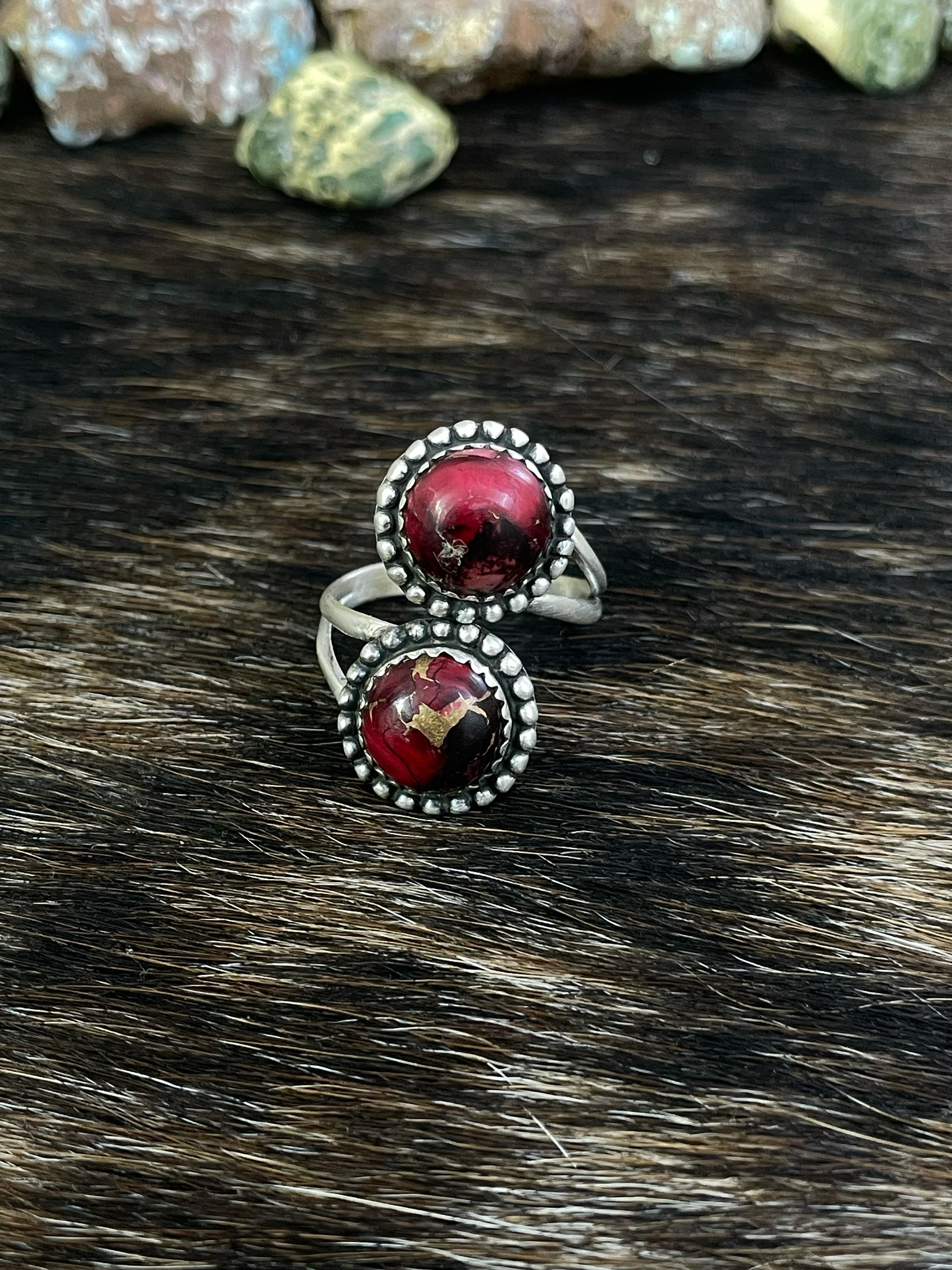 Handmade Sterling Silver Red Rose Dahlia Adjustable Ring, Signed Nizhoni