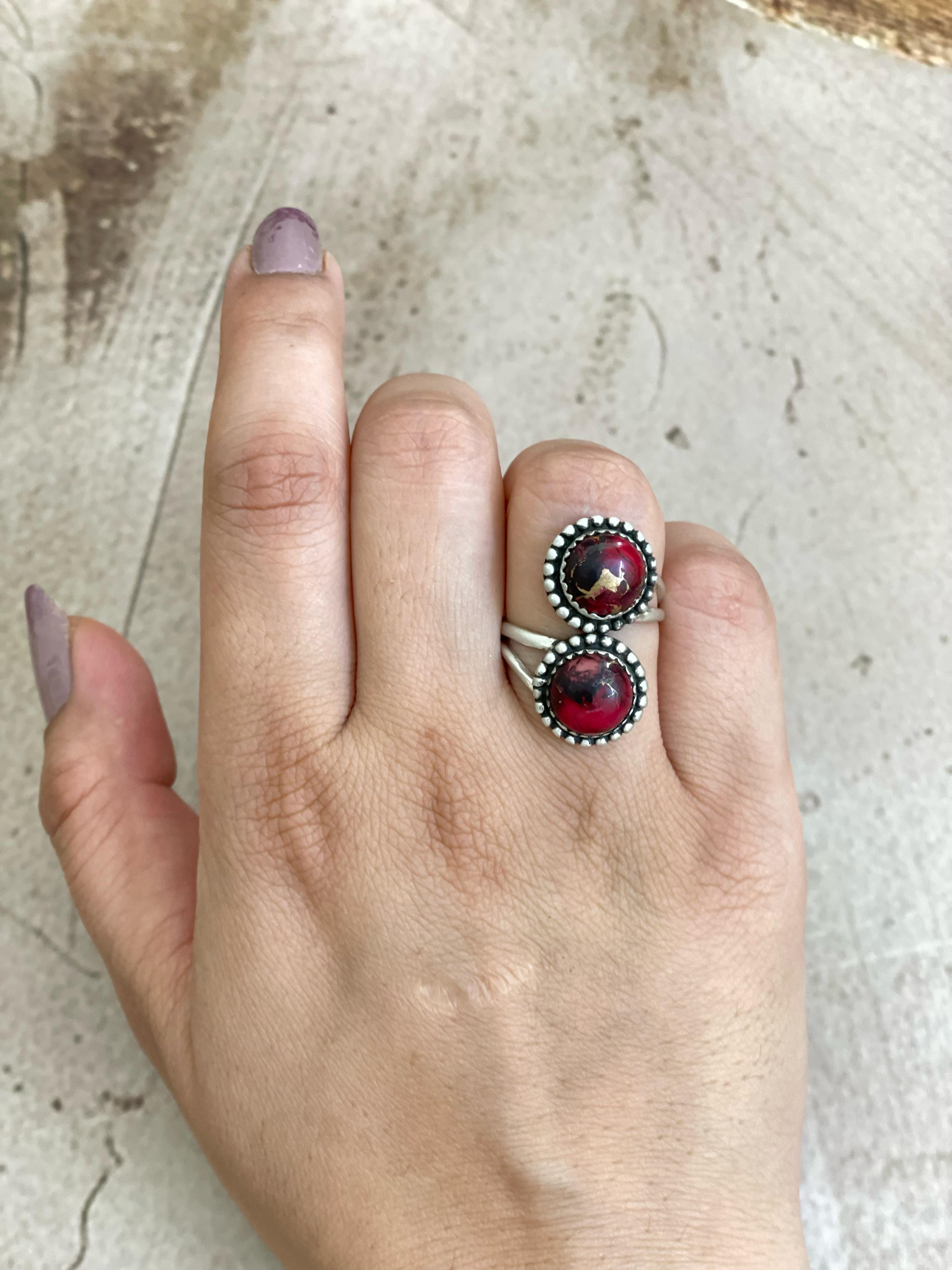 Handmade Sterling Silver Red Rose Dahlia Adjustable Ring, Signed Nizhoni