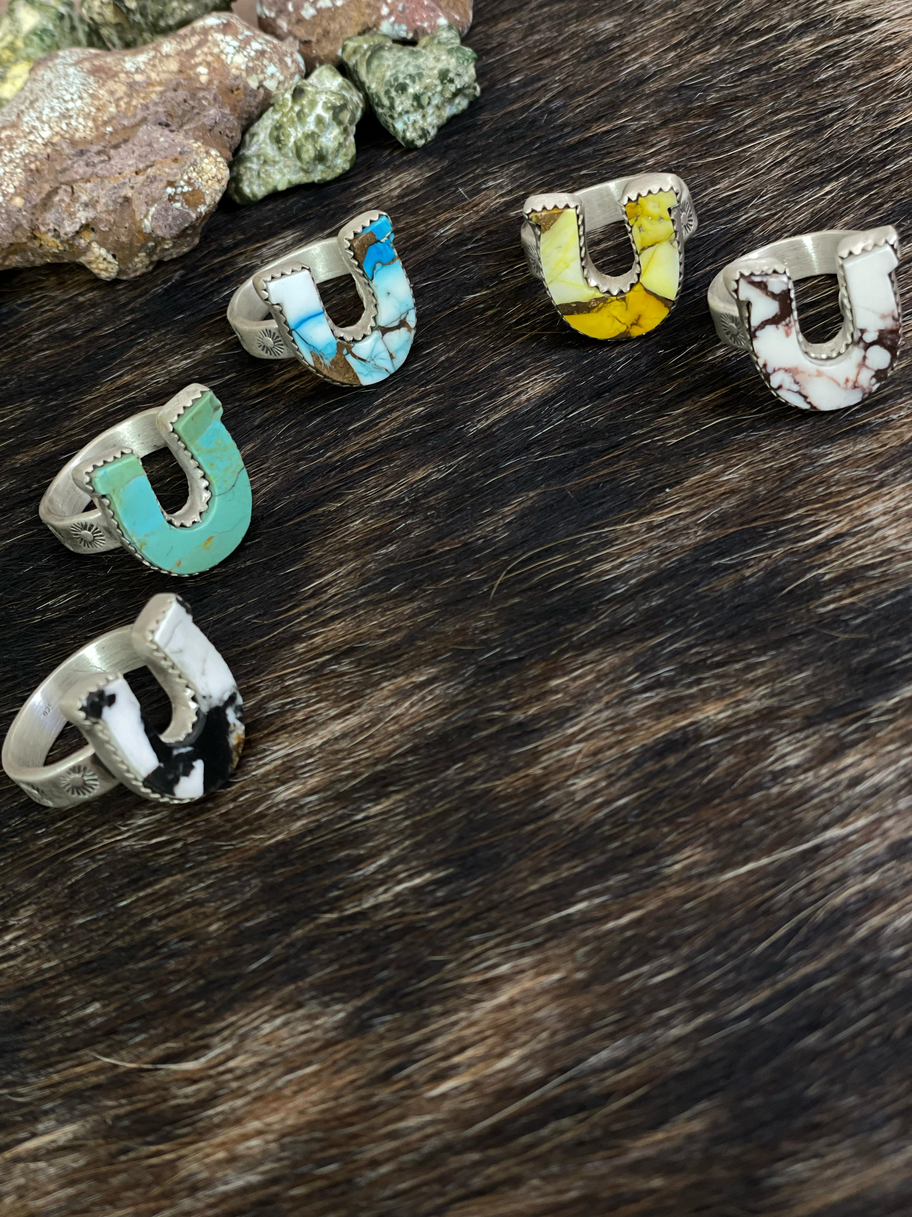 Handmade Sterling Silver Multi Gemstones Horse Shoe Adjustable Ring with Signed Nizhoni