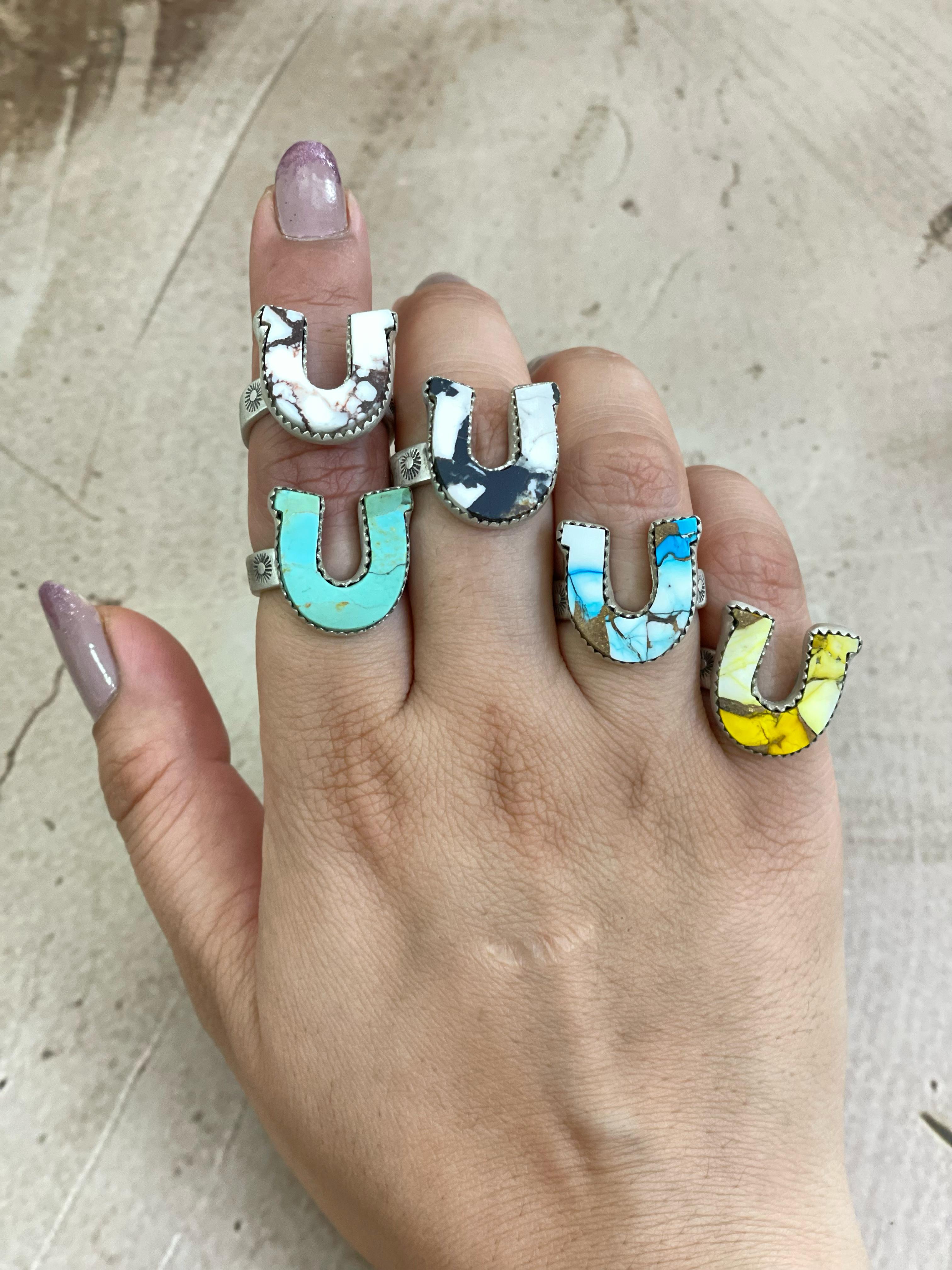 Handmade Sterling Silver Multi Gemstones Horse Shoe Adjustable Ring with Signed Nizhoni