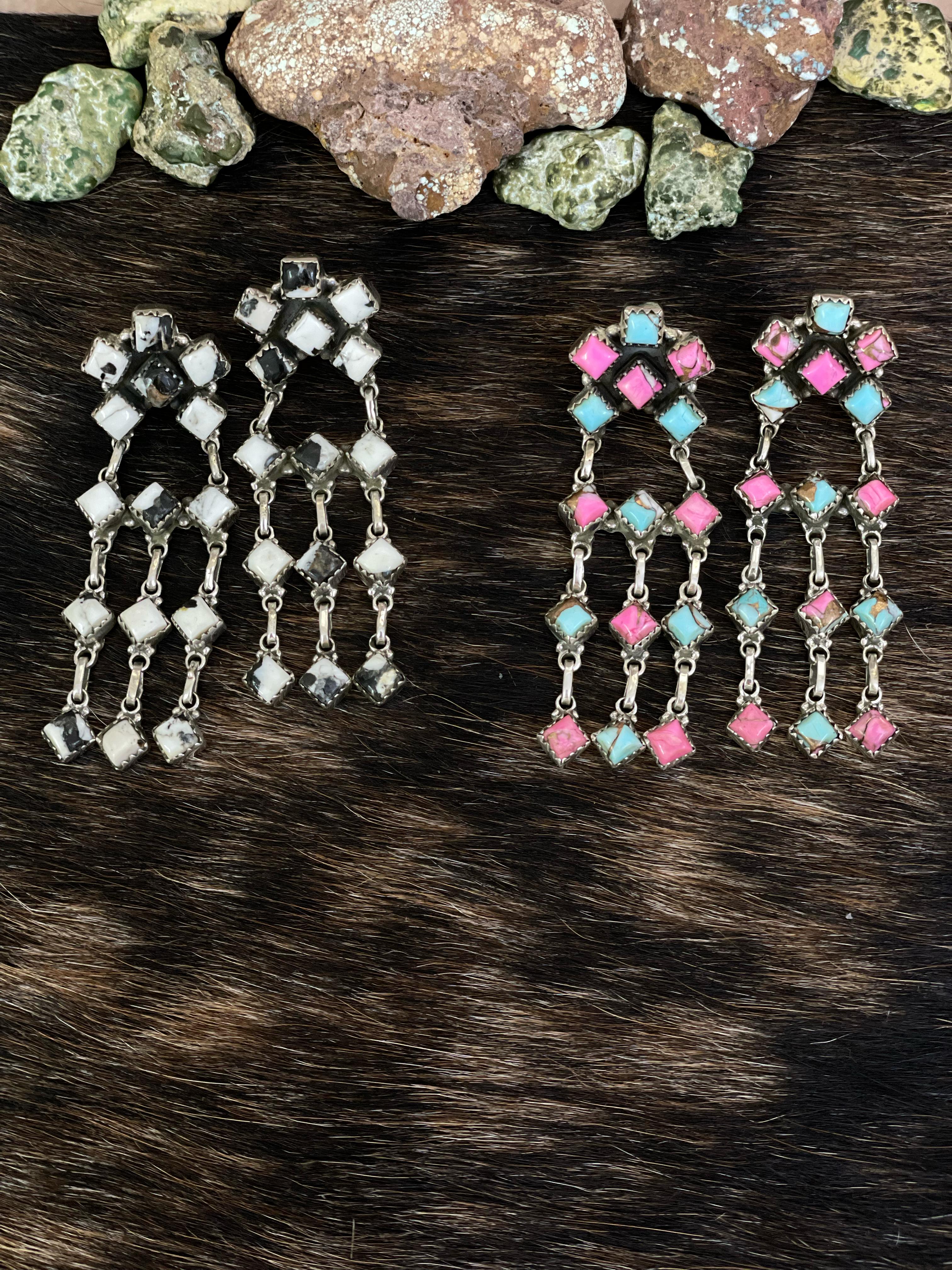 Handmade Sterling Silver Cotton Candy, White Buffalo Post Earrings with Signed Nizhoni