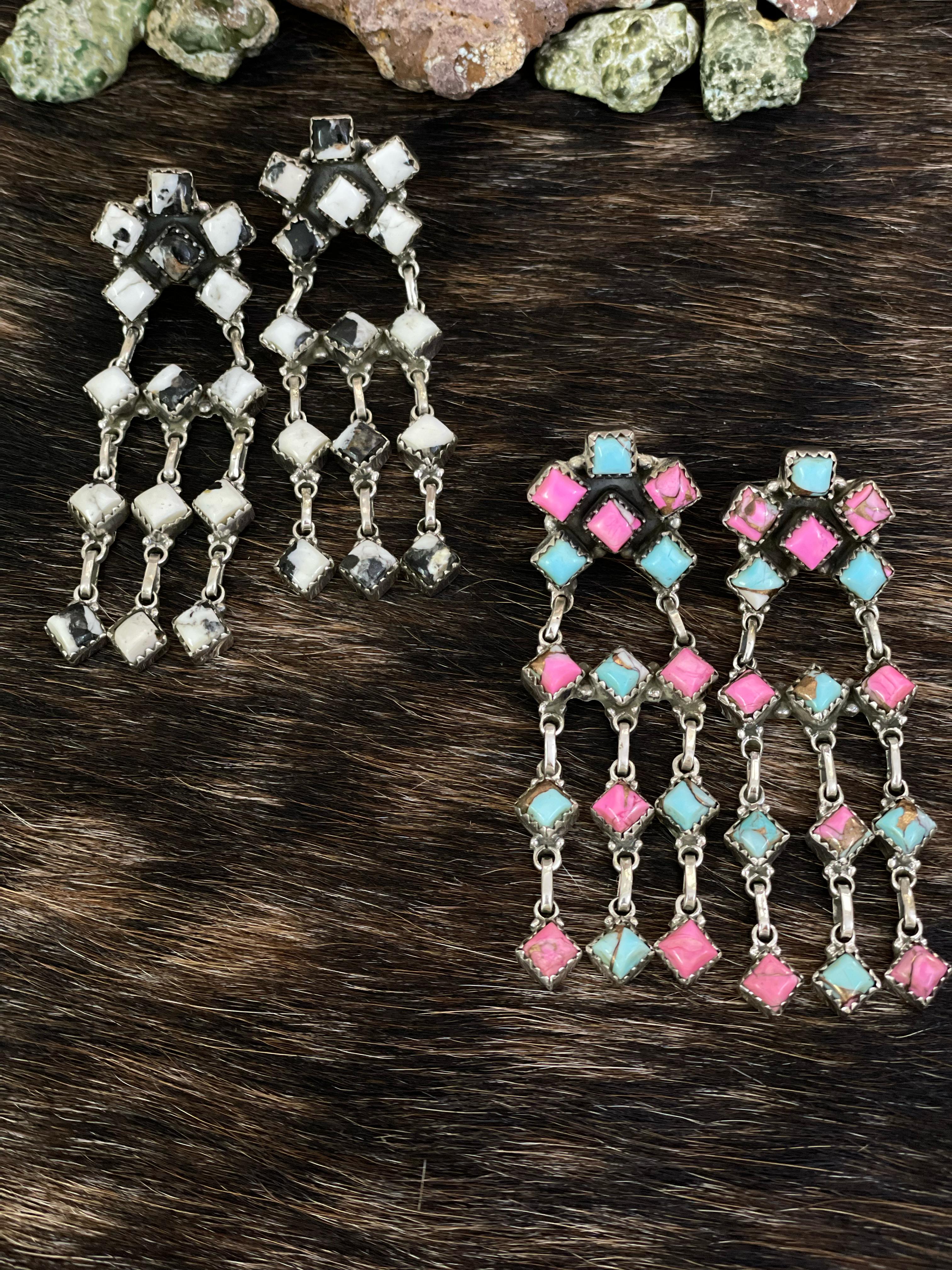 Handmade Sterling Silver Cotton Candy, White Buffalo Post Earrings with Signed Nizhoni