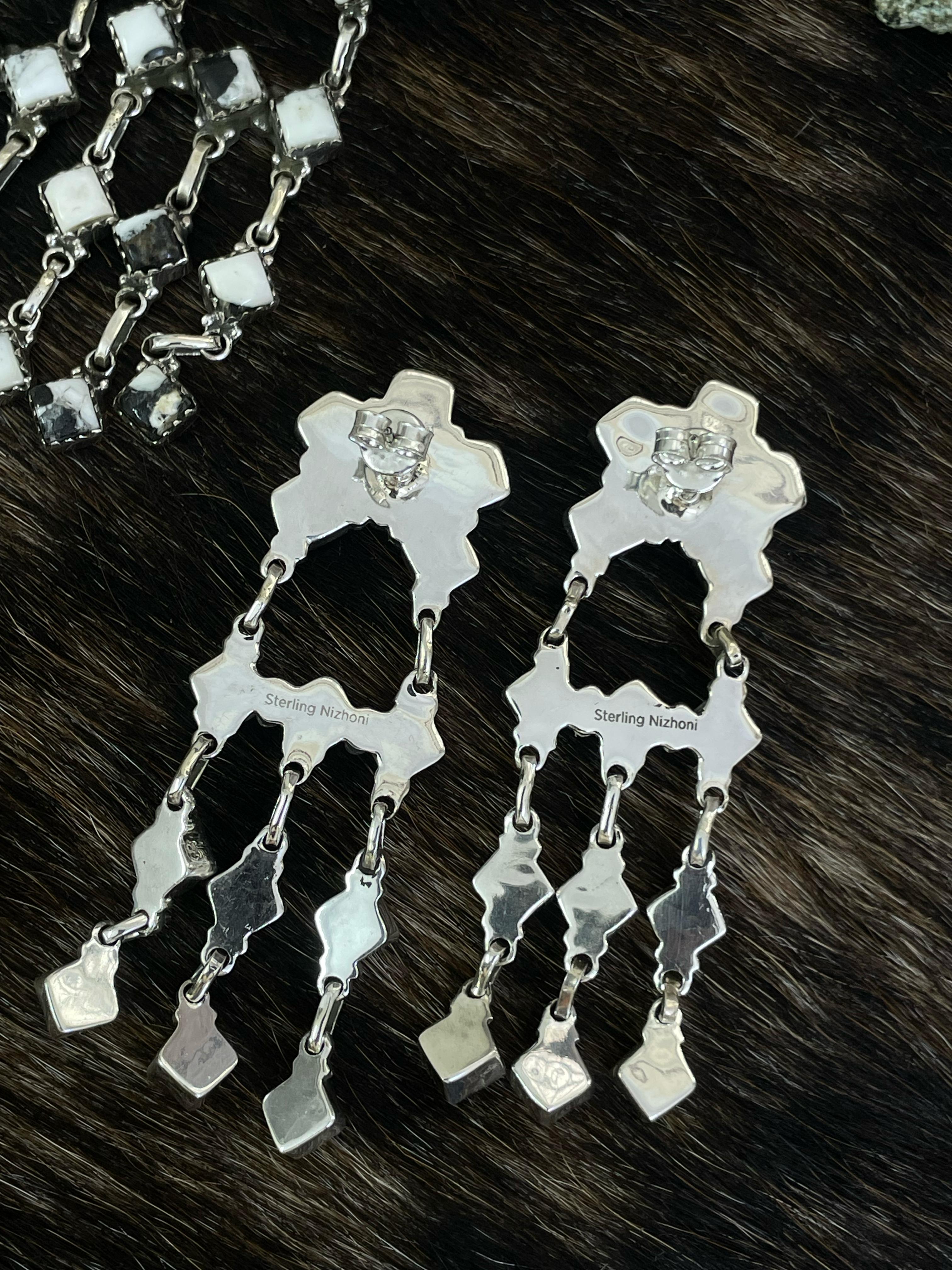 Handmade Sterling Silver Cotton Candy, White Buffalo Post Earrings with Signed Nizhoni