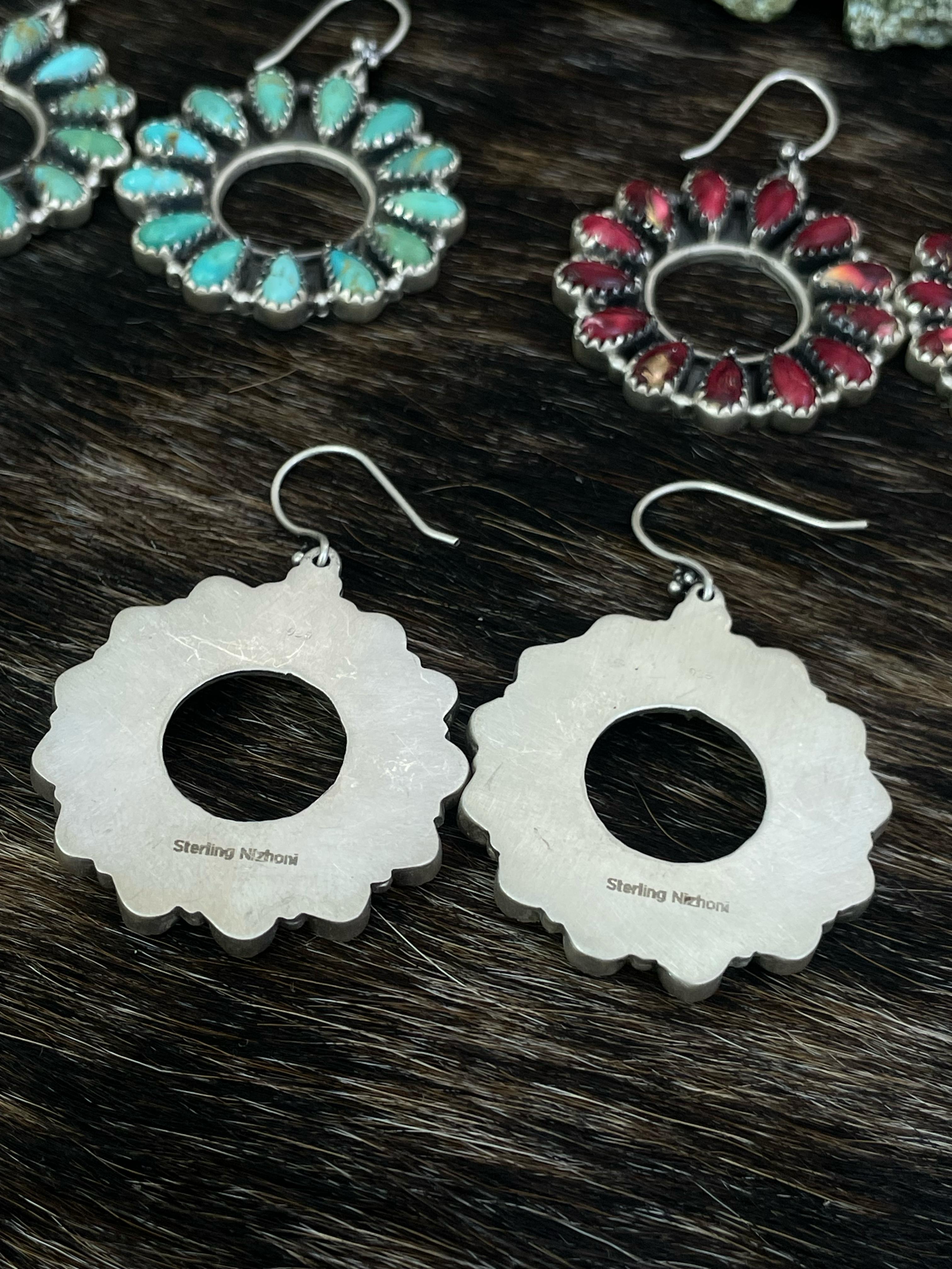 Handmade Sterling Silver Cotton Candy, Red Rose Dahlia, White Buffalo, Kingman Turquoise Circle Dangle Earrings with Signed Nizhoni