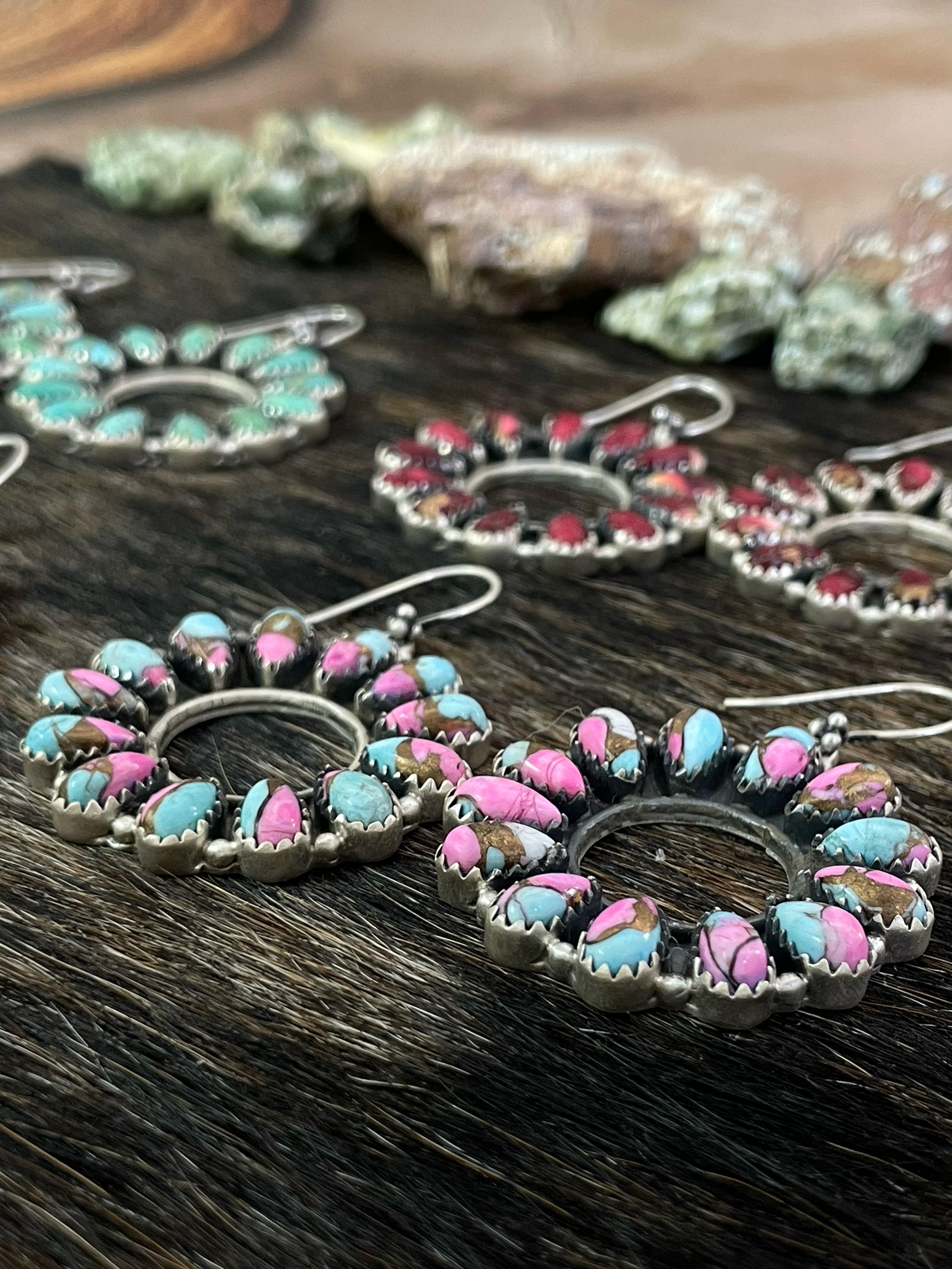 Handmade Sterling Silver Cotton Candy, Red Rose Dahlia, White Buffalo, Kingman Turquoise Circle Dangle Earrings with Signed Nizhoni