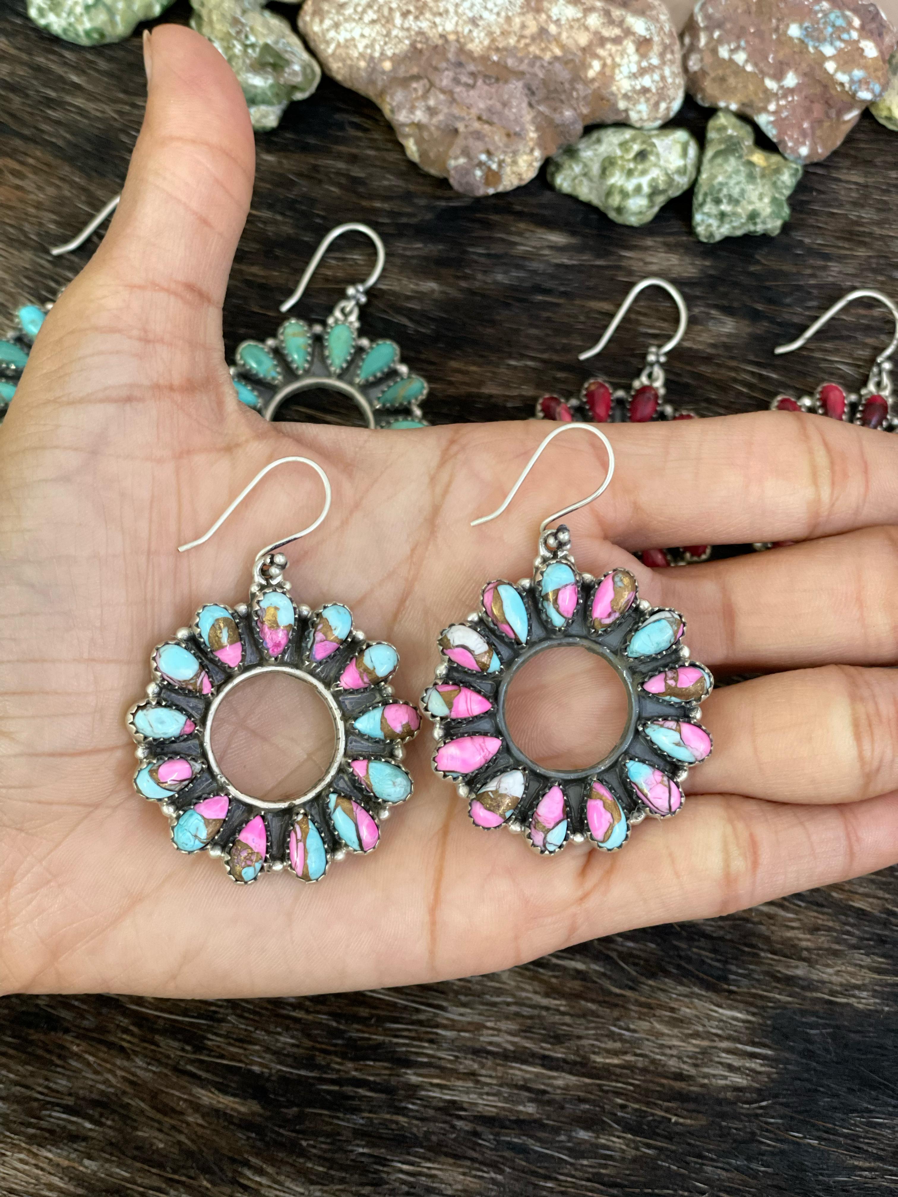 Handmade Sterling Silver Cotton Candy, Red Rose Dahlia, White Buffalo, Kingman Turquoise Circle Dangle Earrings with Signed Nizhoni