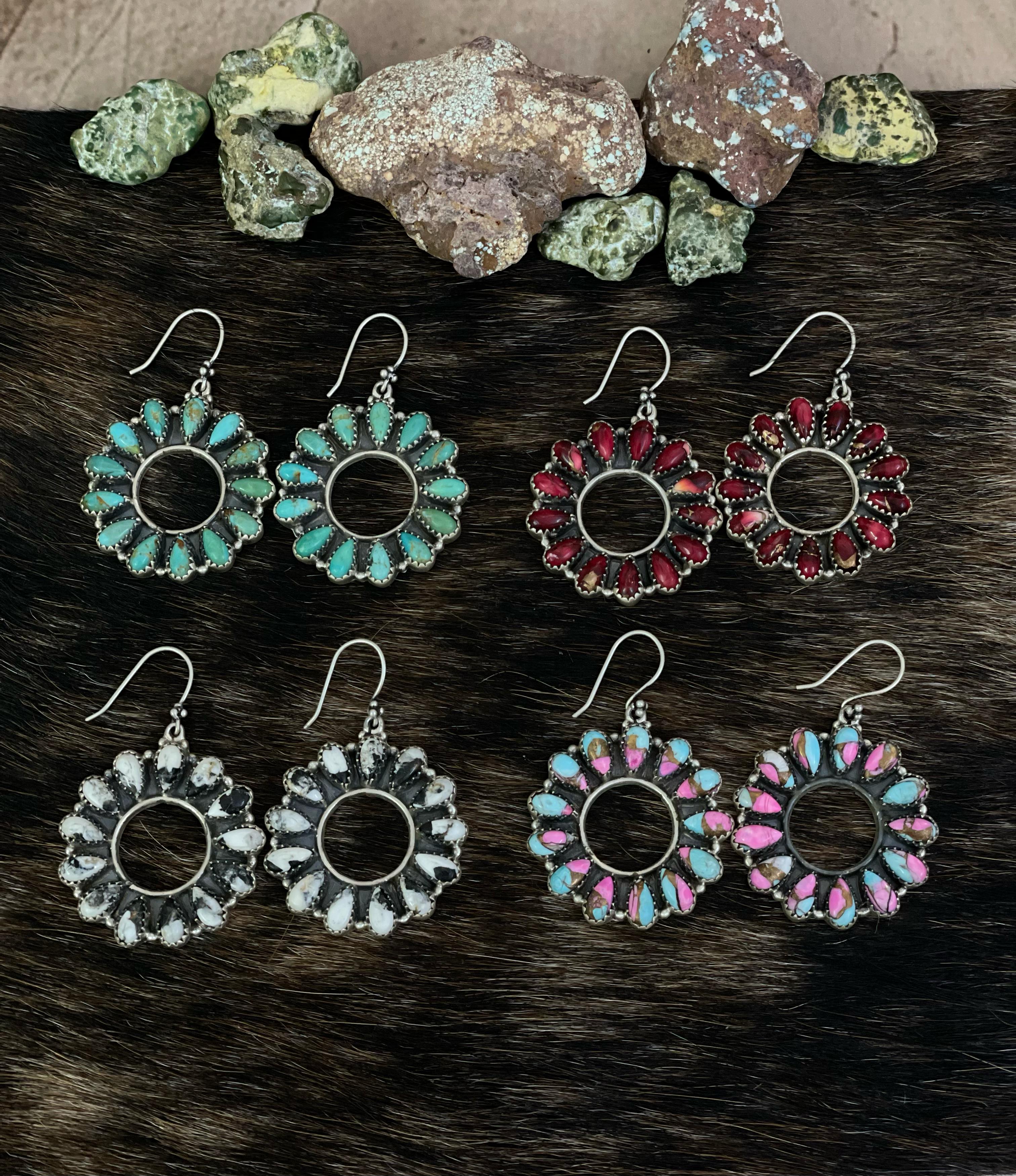 Handmade Sterling Silver Cotton Candy, Red Rose Dahlia, White Buffalo, Kingman Turquoise Circle Dangle Earrings with Signed Nizhoni