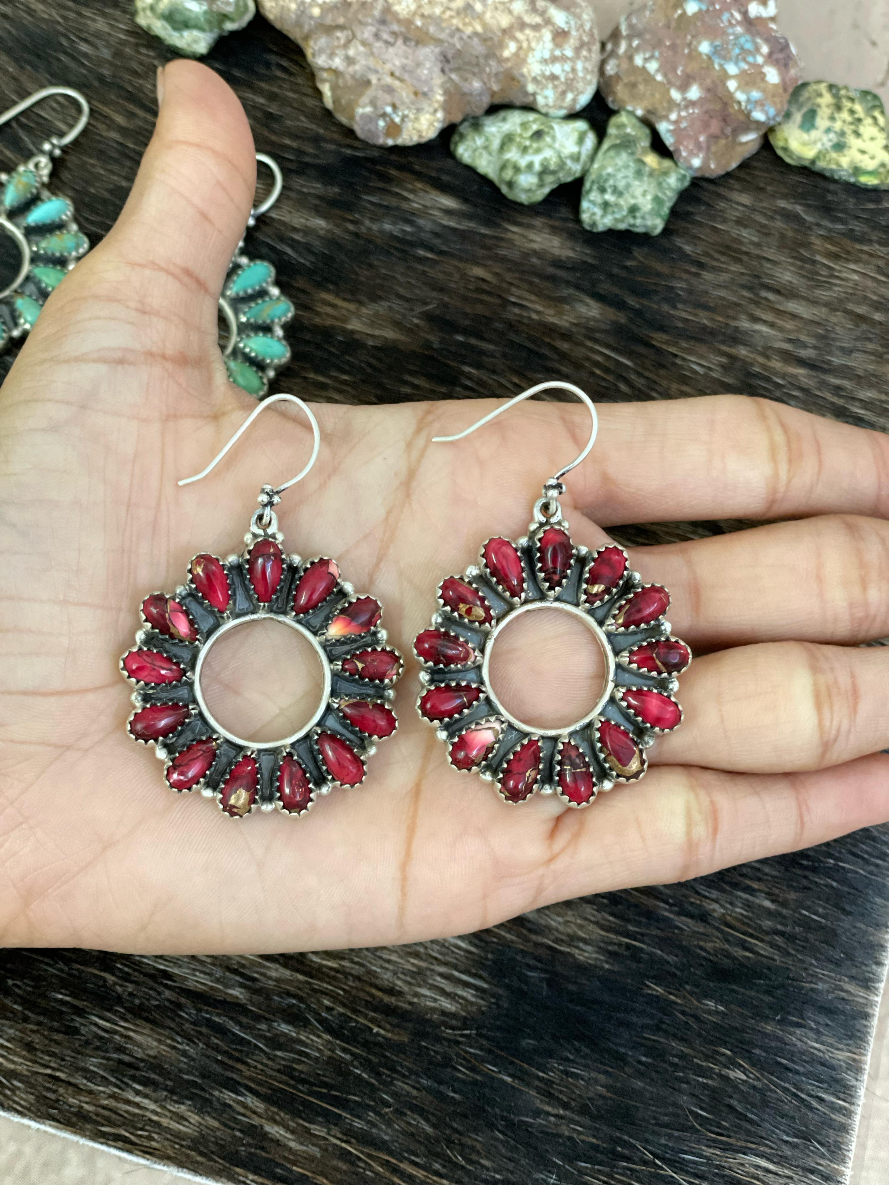 Handmade Sterling Silver Cotton Candy, Red Rose Dahlia, White Buffalo, Kingman Turquoise Circle Dangle Earrings with Signed Nizhoni